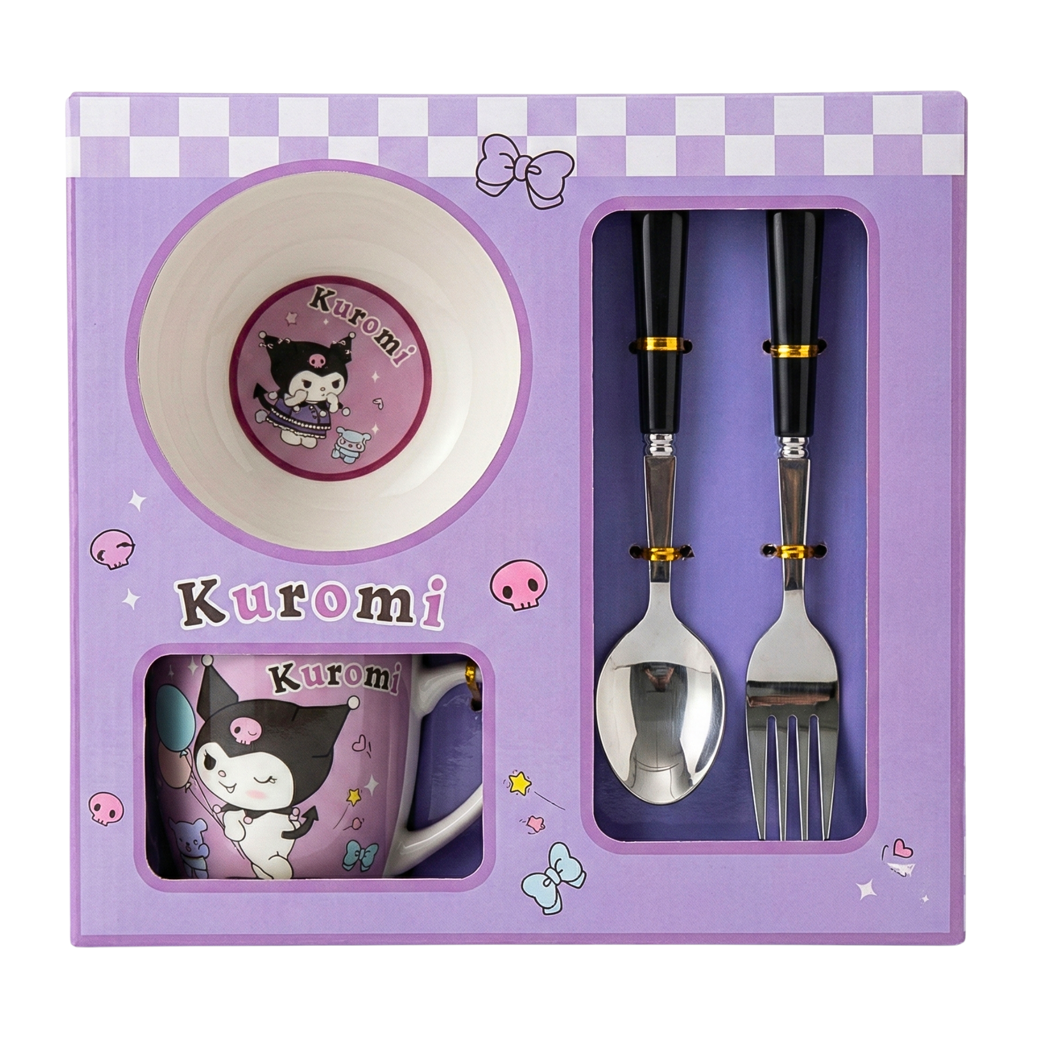 Coffret Petit Déjeuner Kuromi 4 Pièces : Tasse, Bol & Couverts