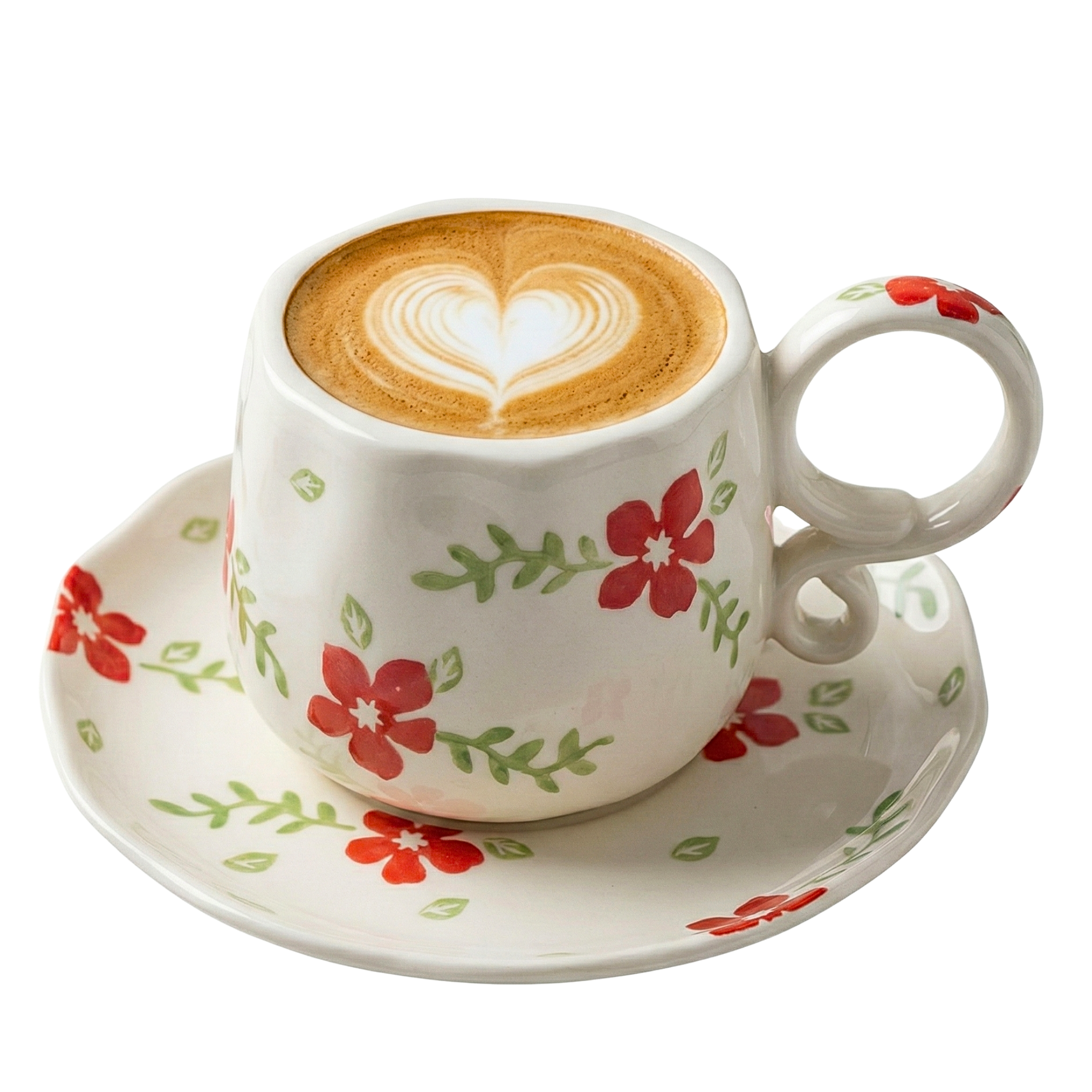 Tasse à Café en Céramique Motif Fleurs Rouges & Soucoupe – Design Chic