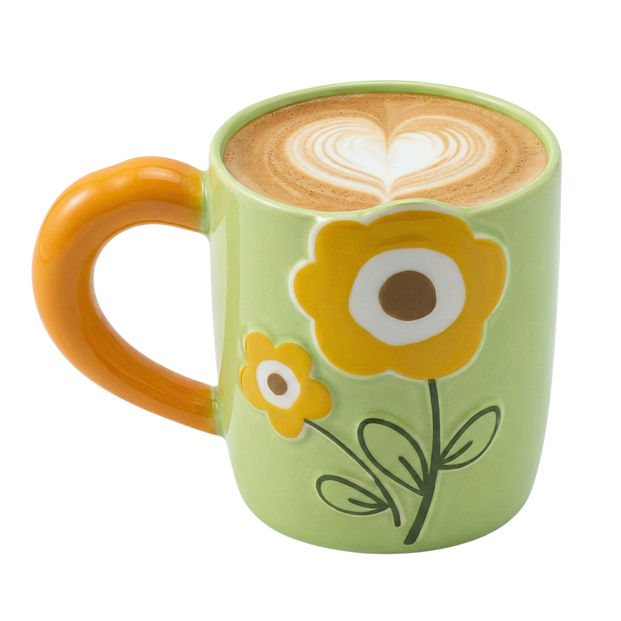 Mug Céramique Vert Motif Fleur Jaune - Tasse Déjeuner Style Rétro