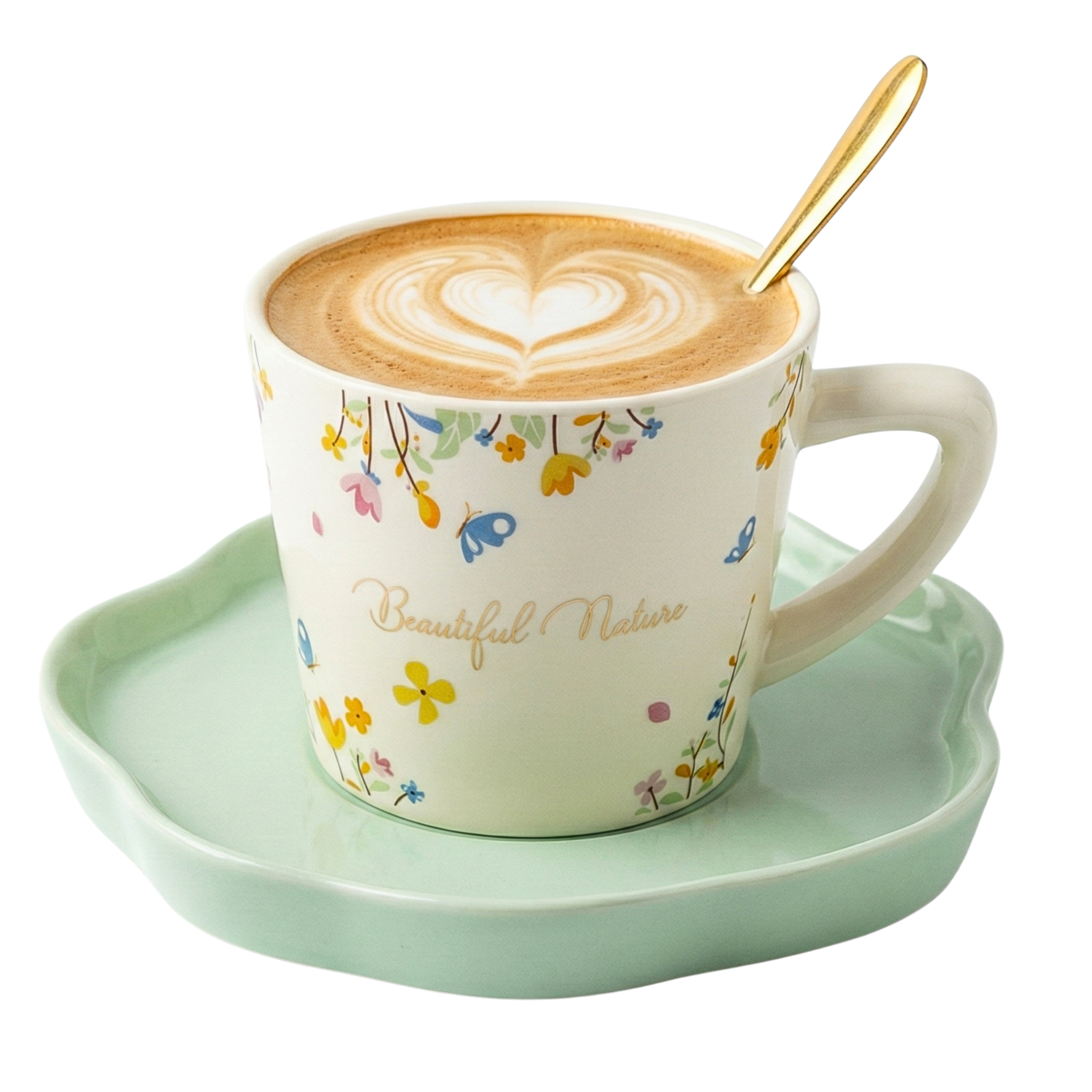 Coffret Tasse Céramique "Beautiful Nature" avec Soucoupe & Cuillère Dorée