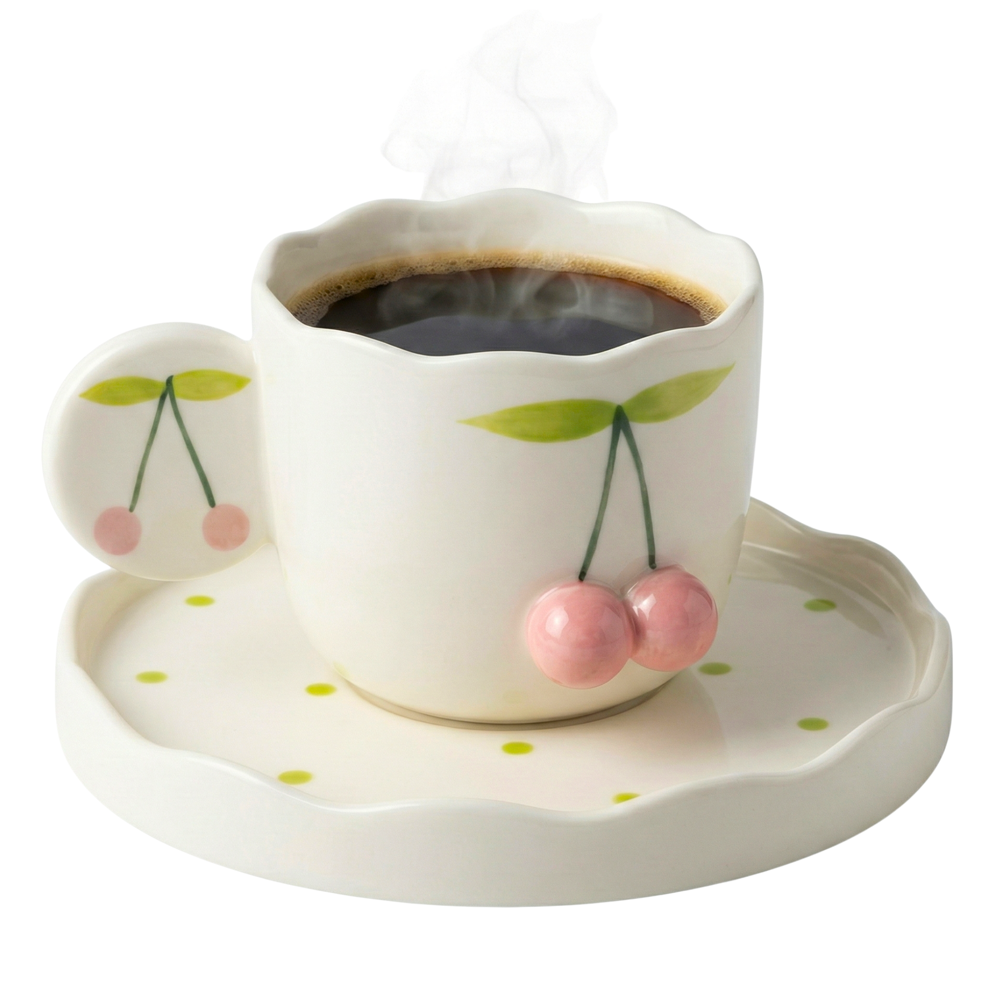 Tasse Cerise 3D & Soucoupe – Service Café Porcelaine Fine