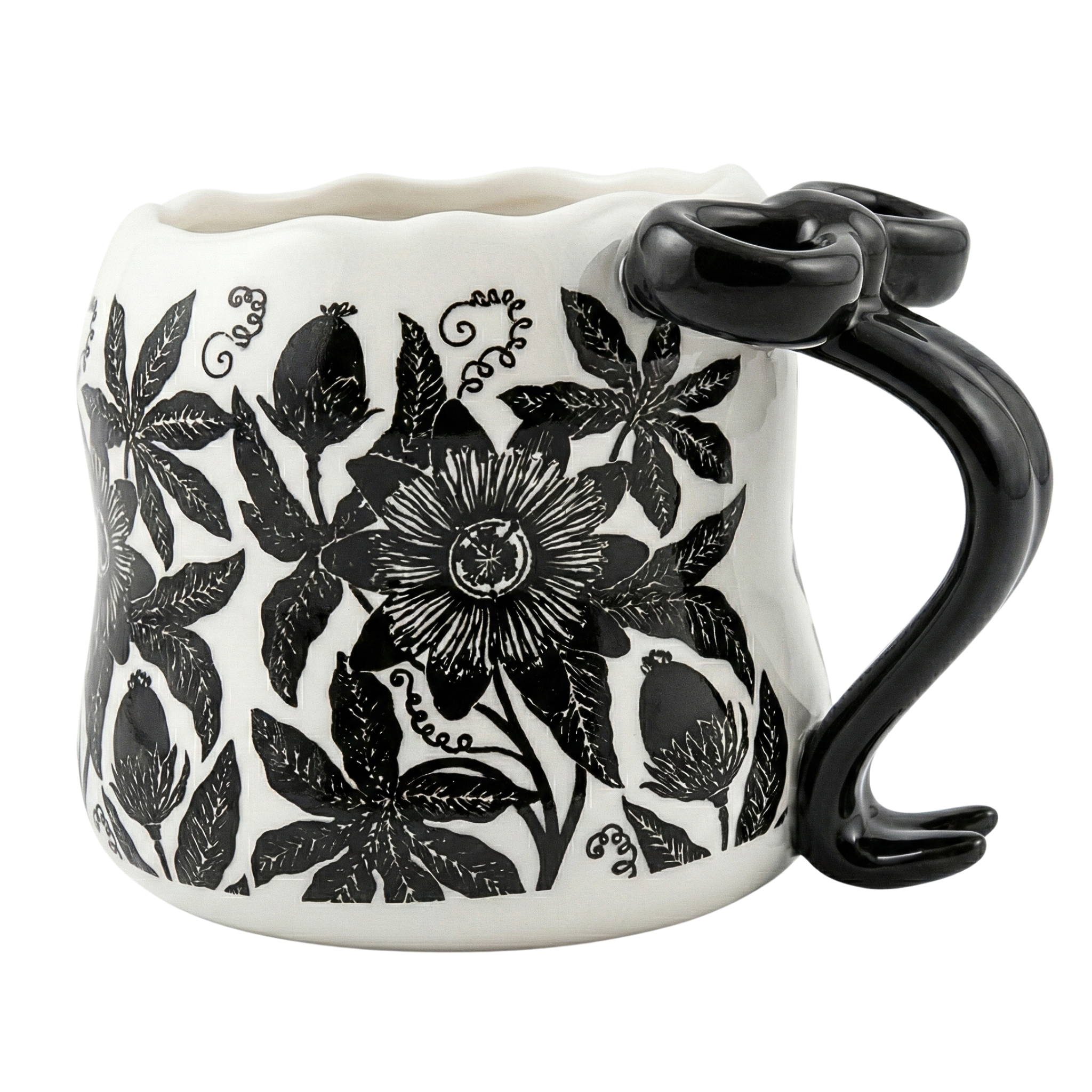 Mug Céramique Design Floral Noir & Blanc - Anse Nœud Chic