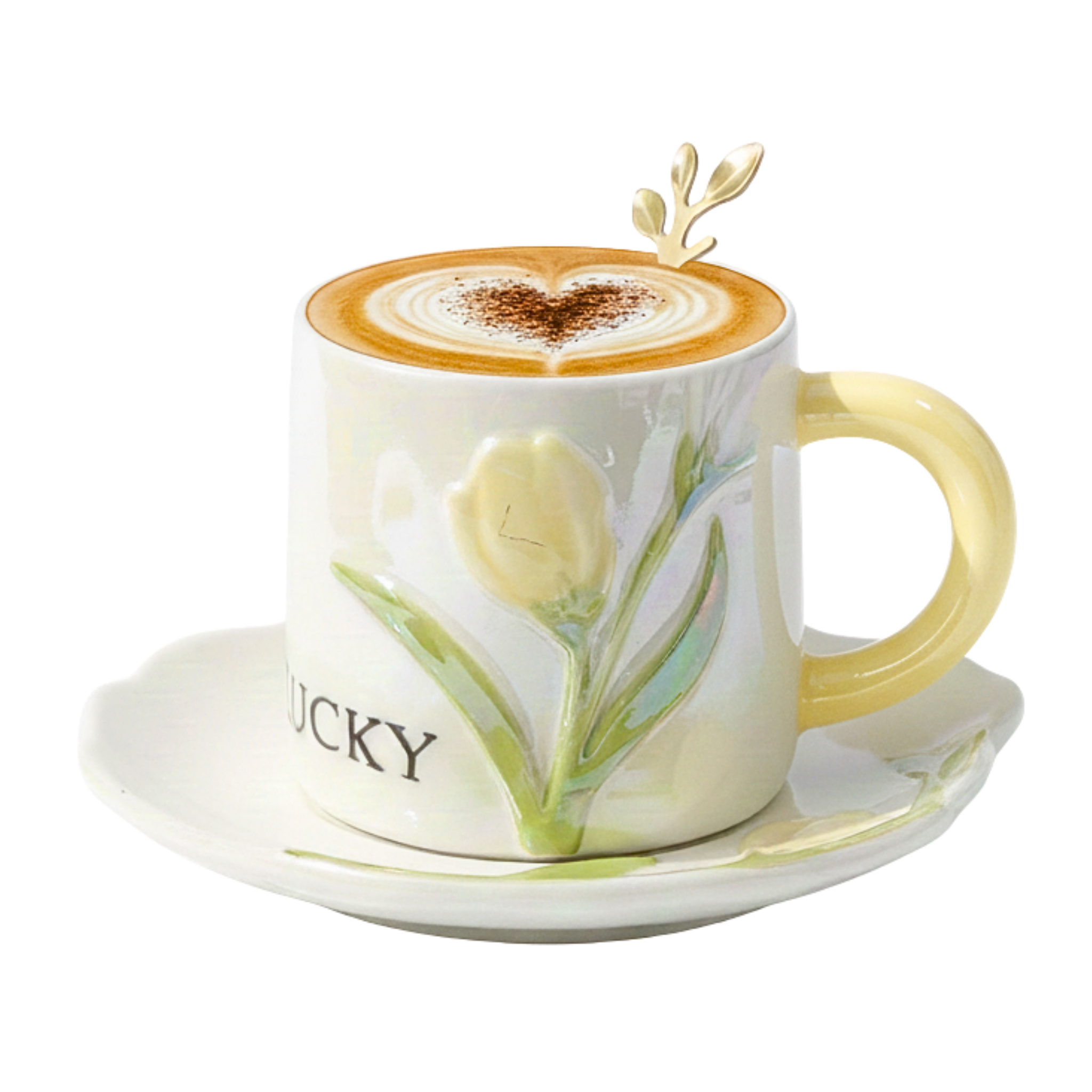 Tasse Tulipe "Lucky" Nacrée avec Soucoupe et Cuillère - Design Chic