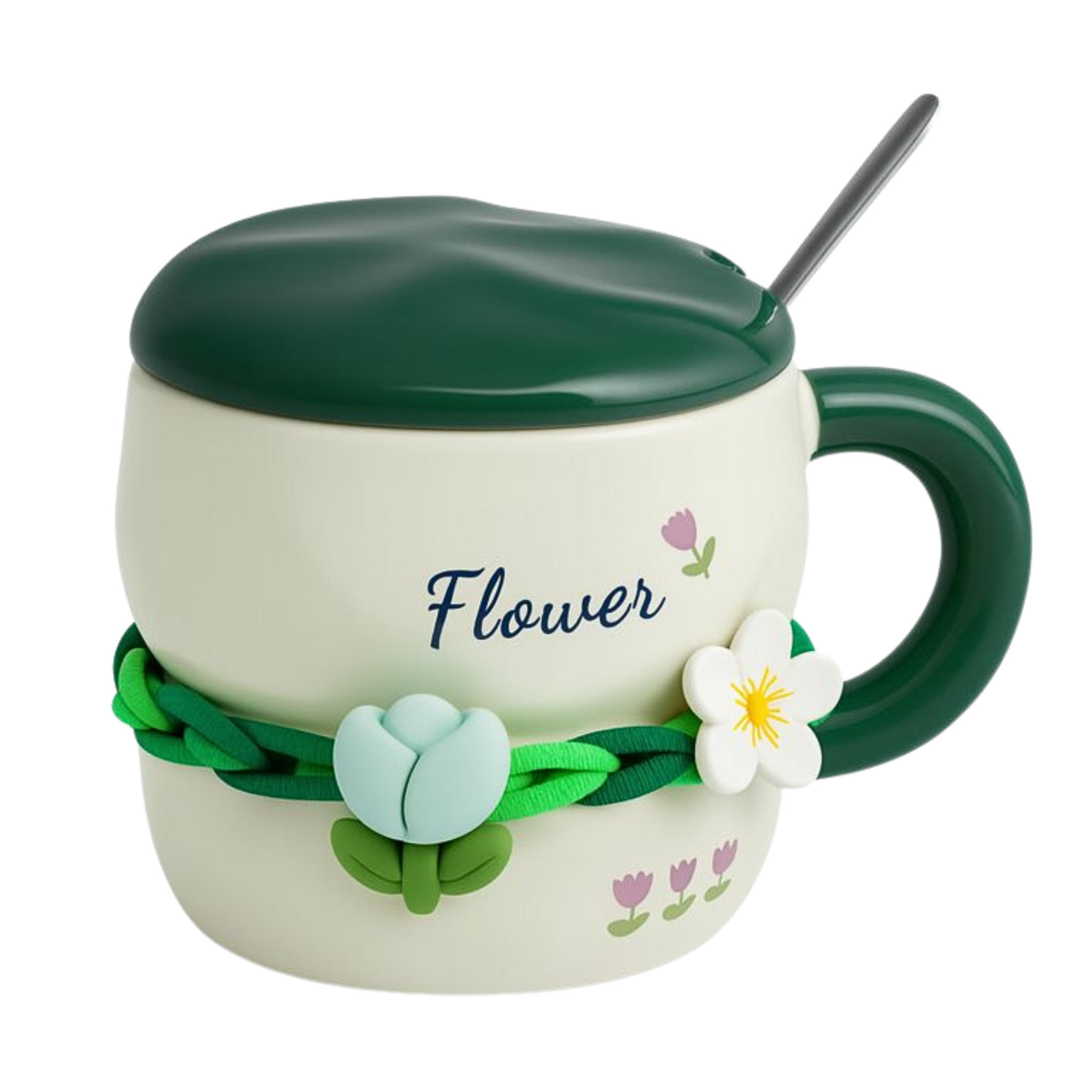 Mug Tulipe Vert & Fleur 3D en Céramique avec Couvercle - Design Nature