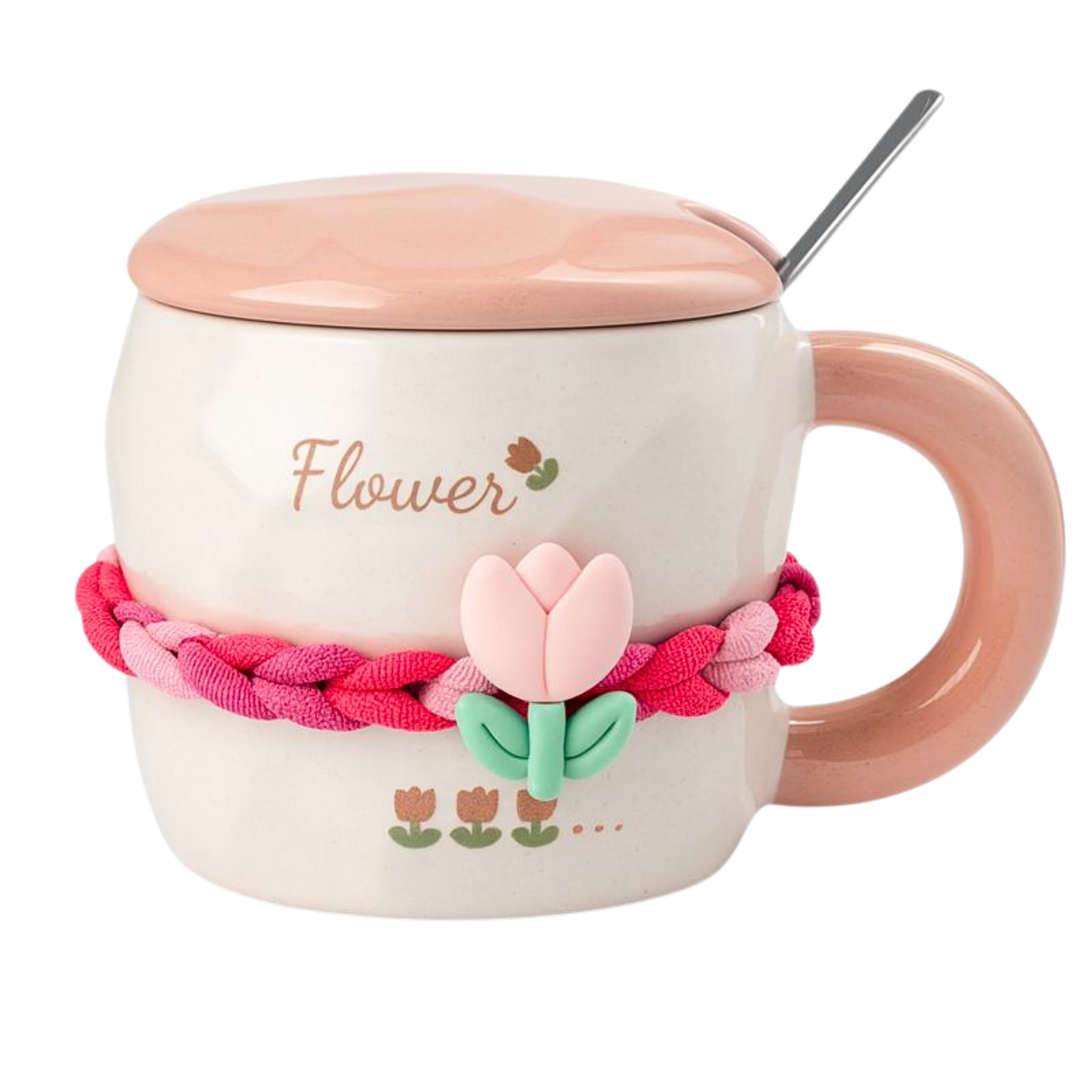 Mug Tulipe Rose 3D en Céramique avec Couvercle & Cuillère - Design Cute