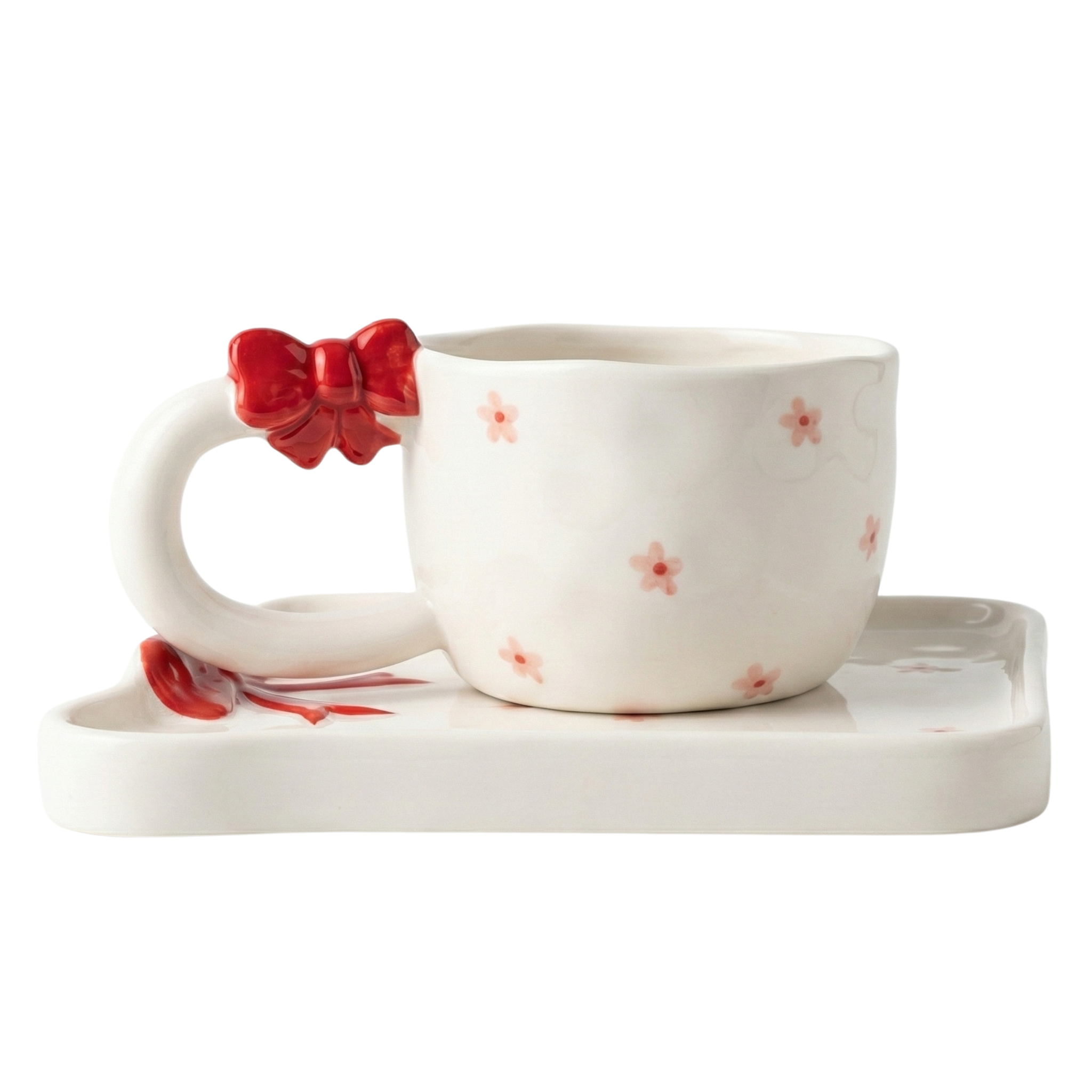 Mug Céramique Coquette Nœud Rouge & Fleurs - Tasse avec Soucoupe Design