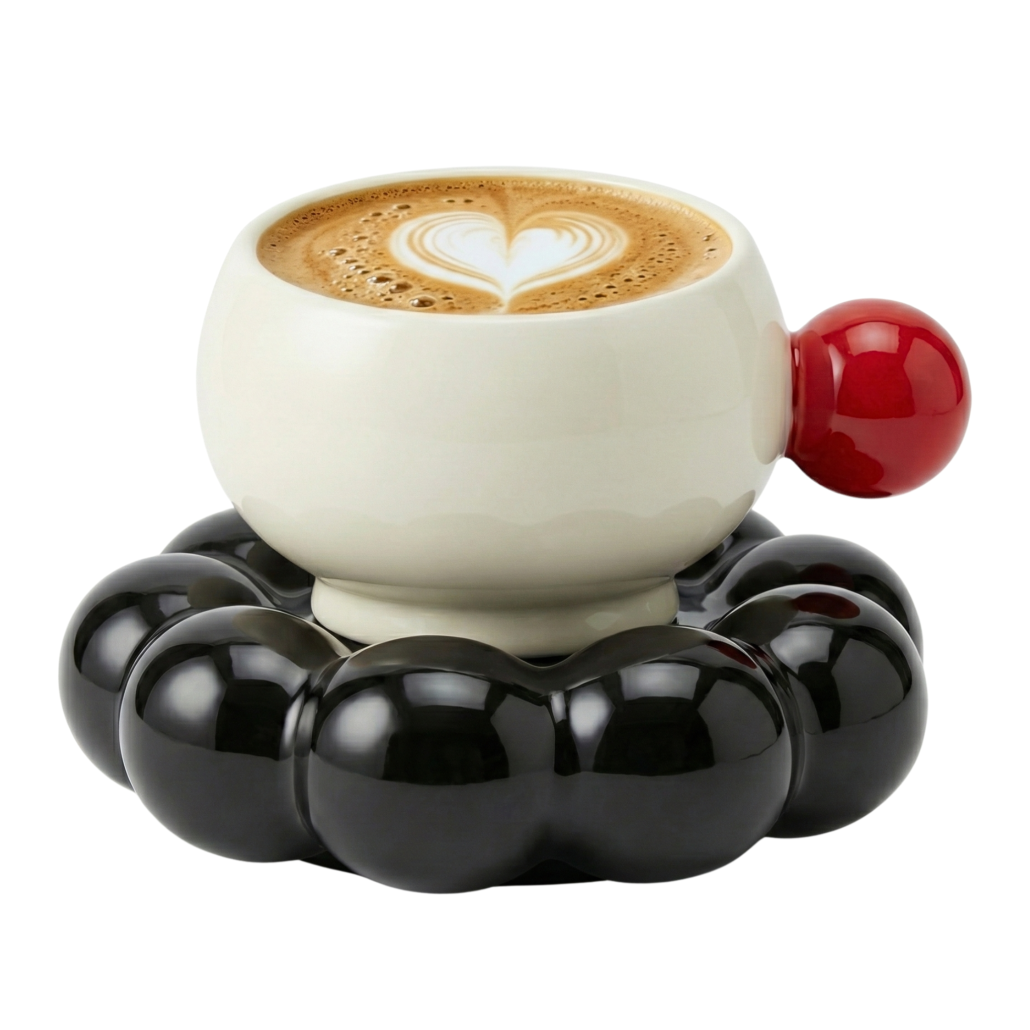 Tasse Design "Bubble" Céramique – Soucoupe Noire & Anse Rouge