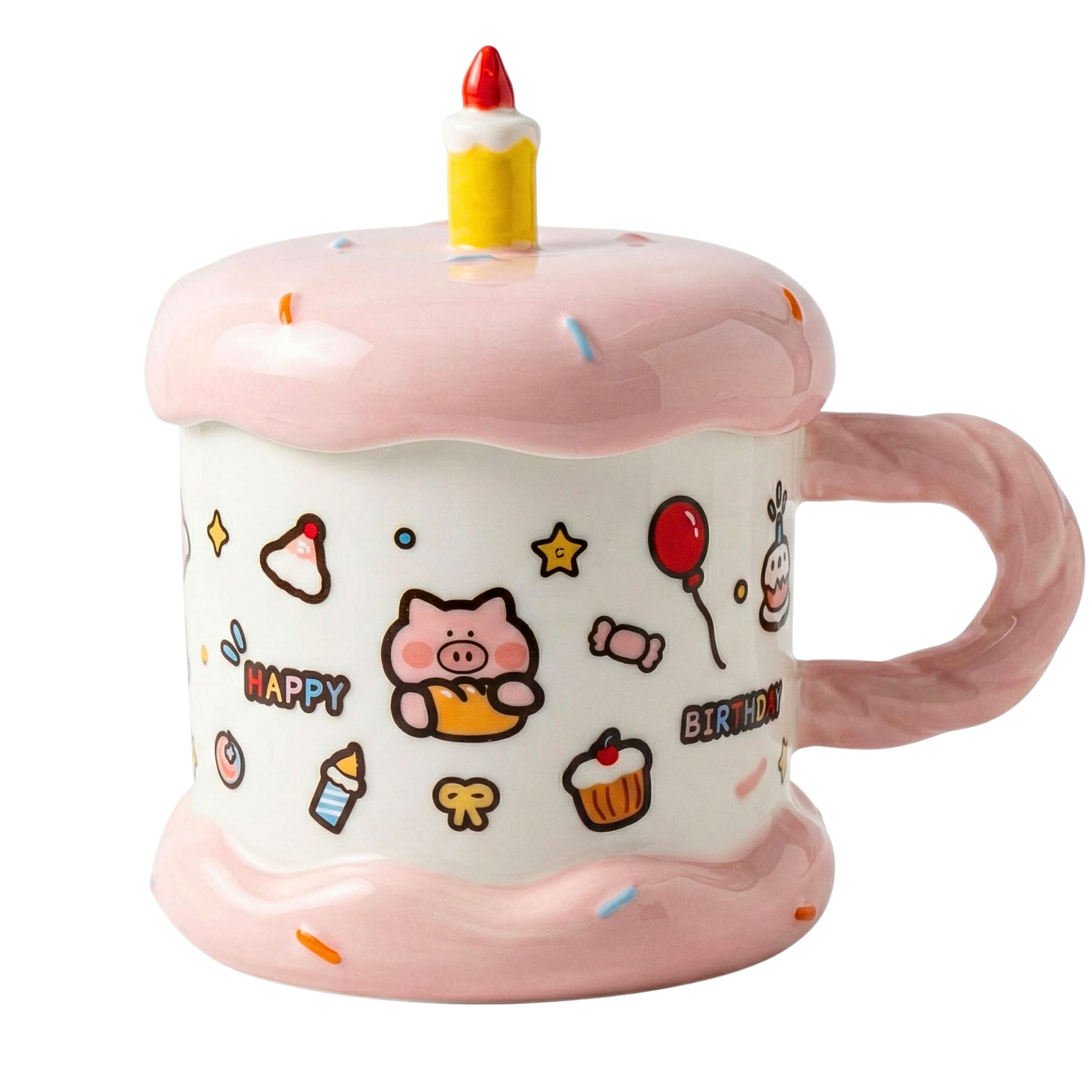 Mug Gâteau Anniversaire : Tasse Céramique Kawaii avec Couvercle Bougie