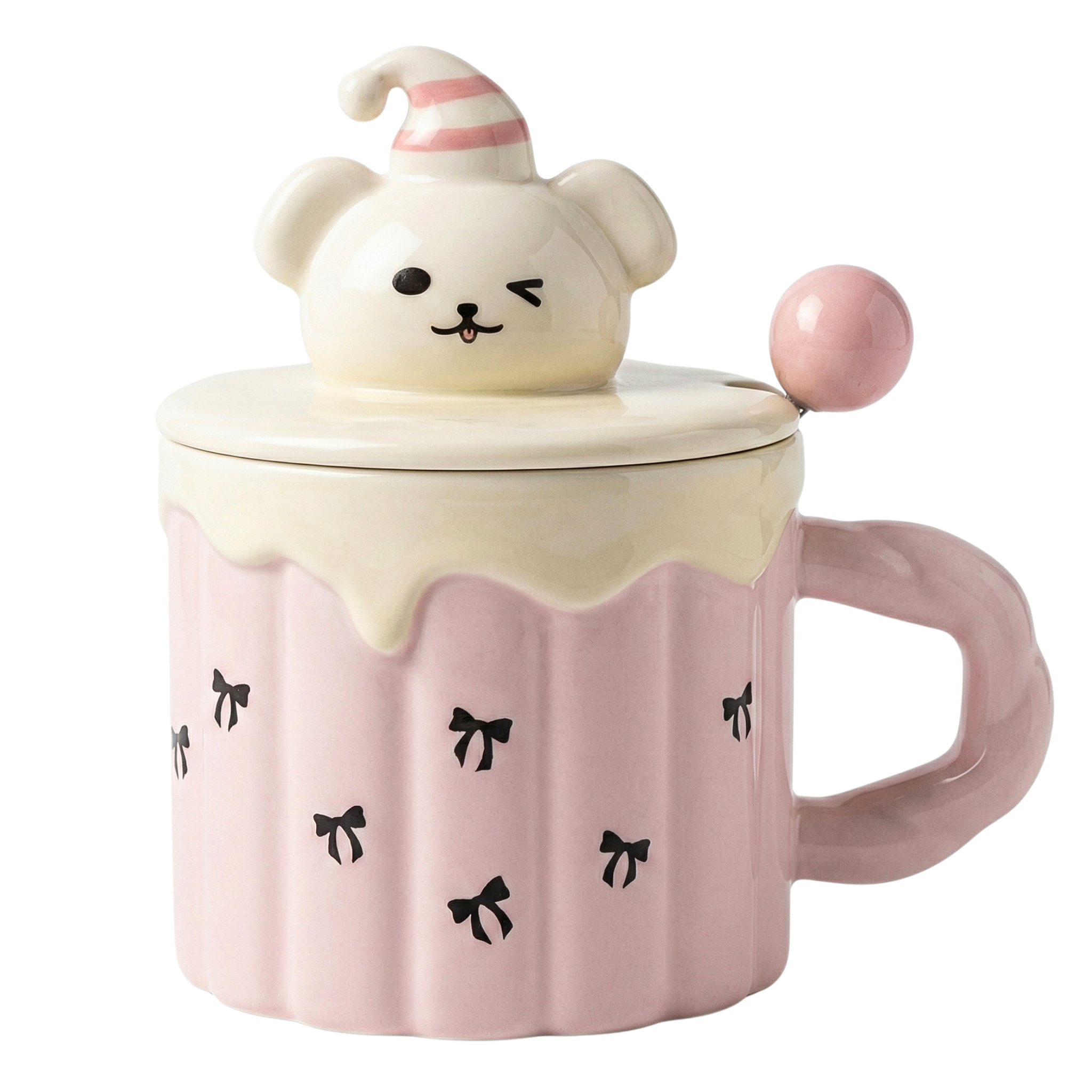 Mug Kawaii Ours Rose 3D – Tasse Céramique avec Couvercle & Cuillère