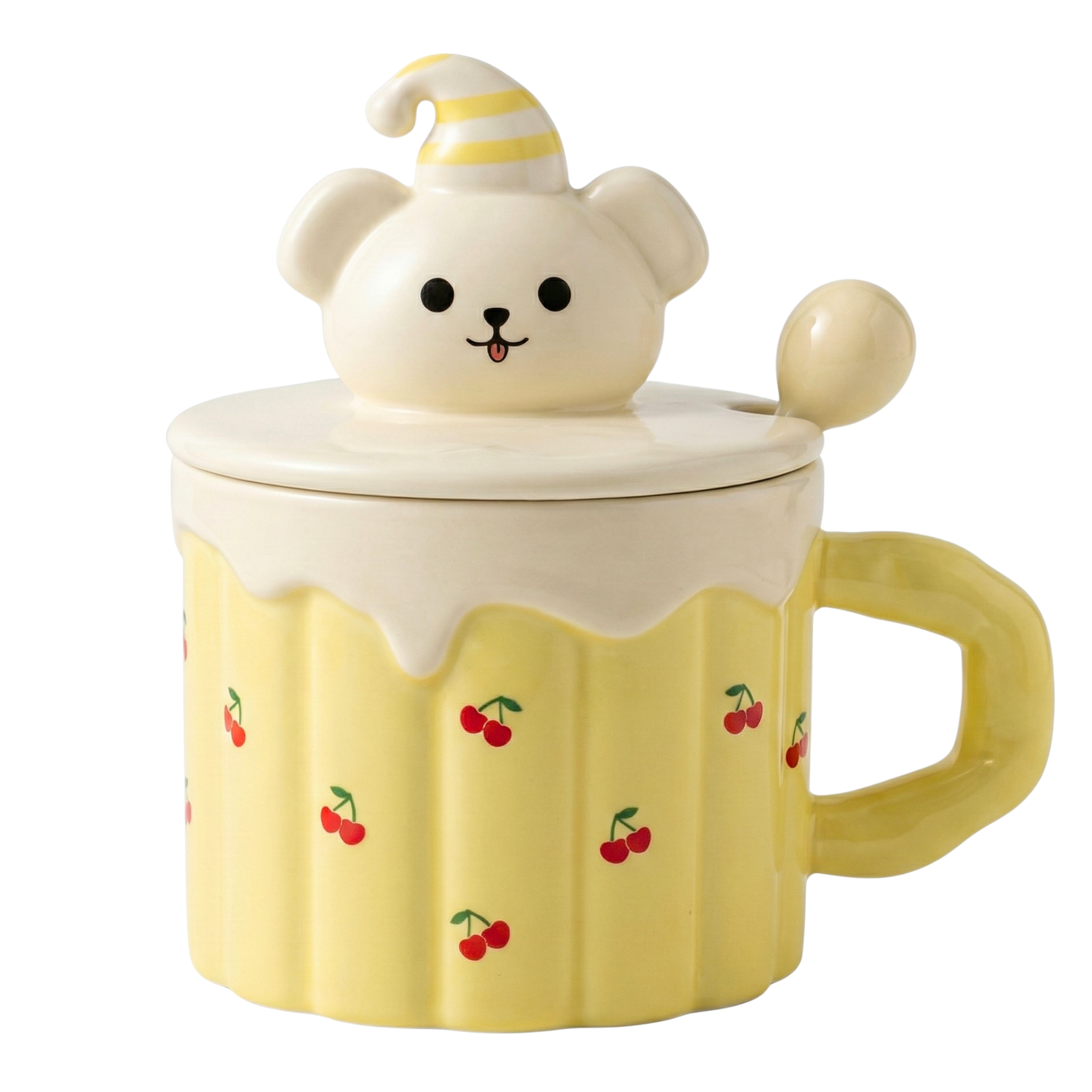 Mug Céramique Ours "Sleepy" & Cerises avec Couvercle - Design Kawaii