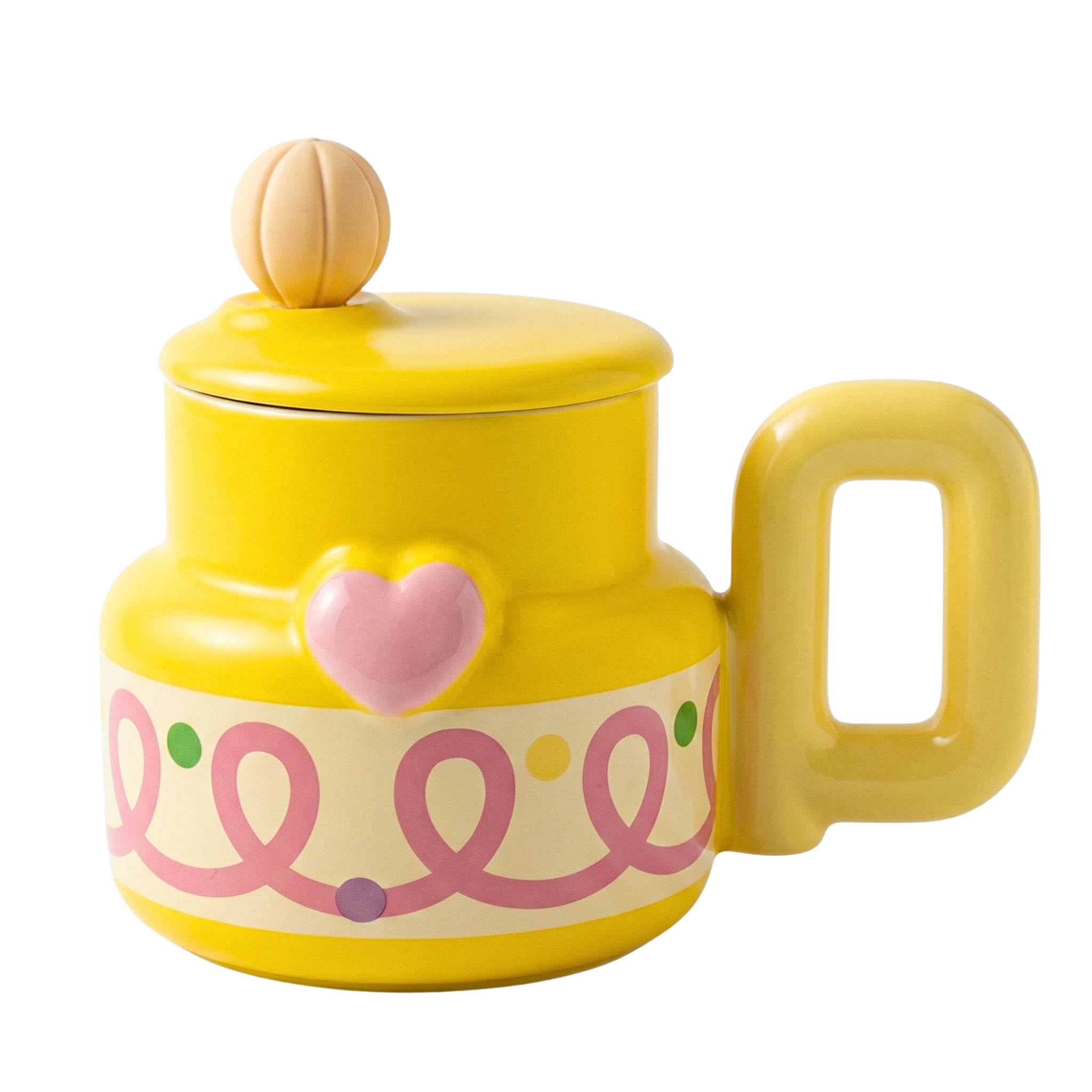 Mug Céramique Jaune Cœur & Couvercle - Tasse Design Tendance