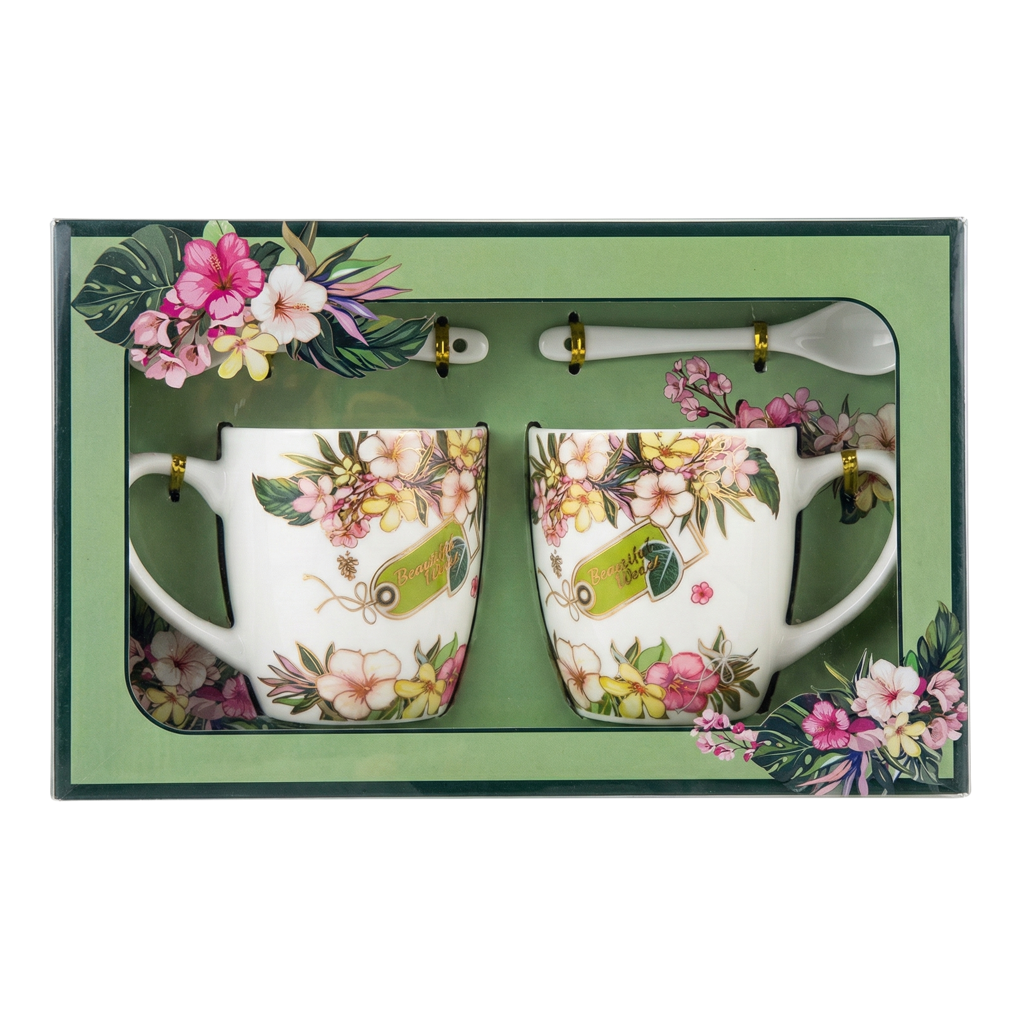 Coffret Duo Mugs Floraux "Beautiful World" & Cuillères – Idée Cadeau Chic