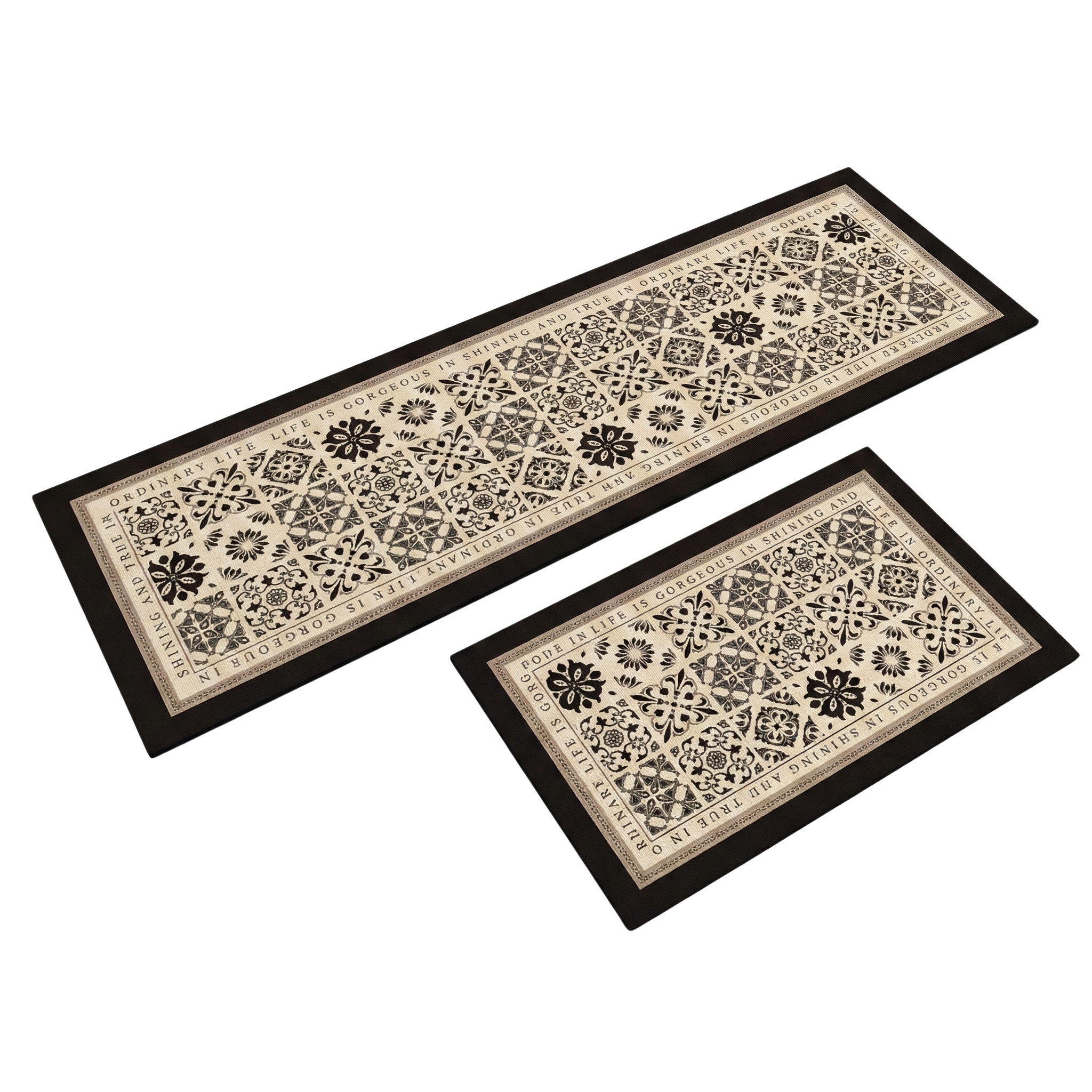Duo Tapis de Cuisine Noir & Beige – Design Carreaux de Ciment Chic