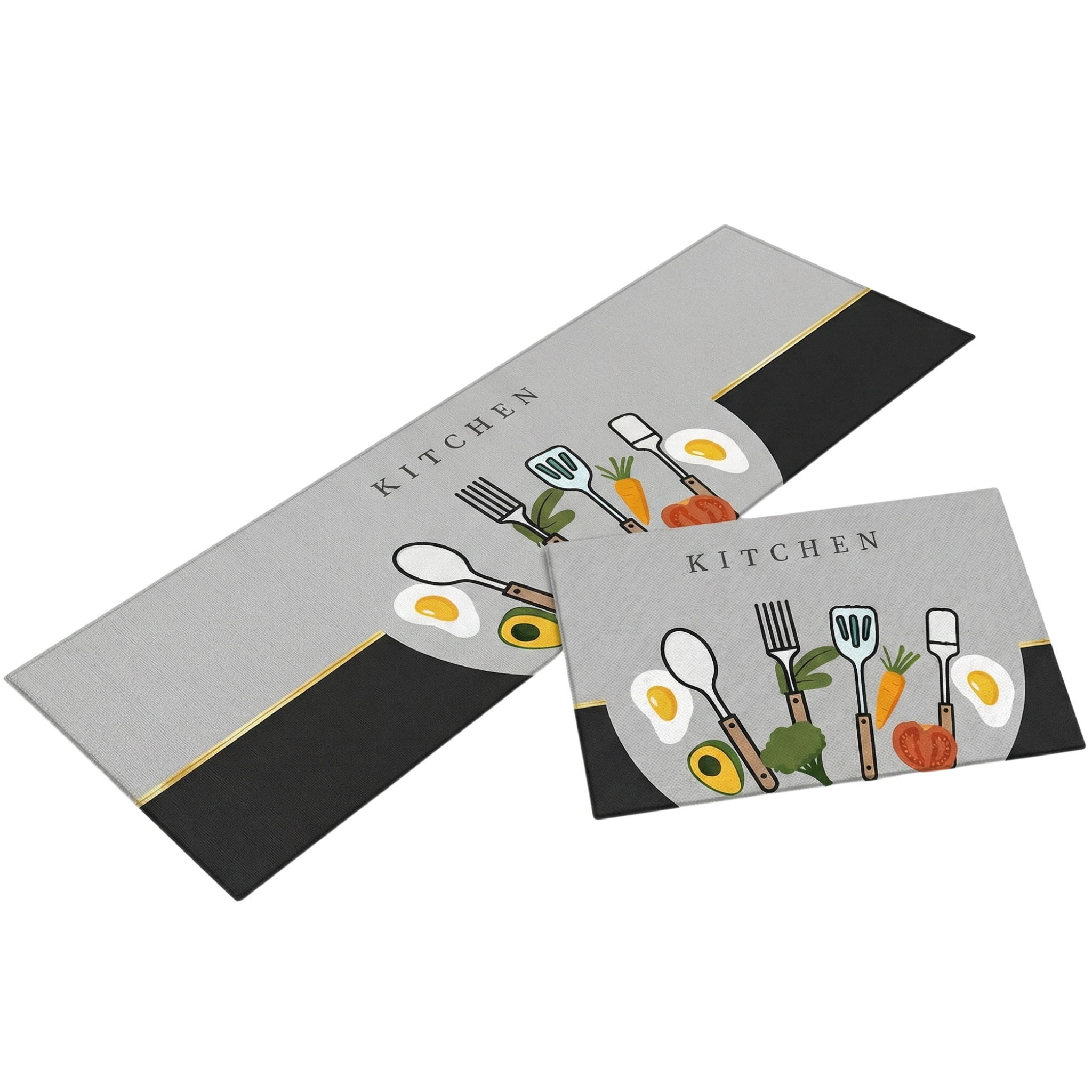 Pack 2 Tapis de Cuisine Design "Kitchen" Gris – Antidérapant & Lavable