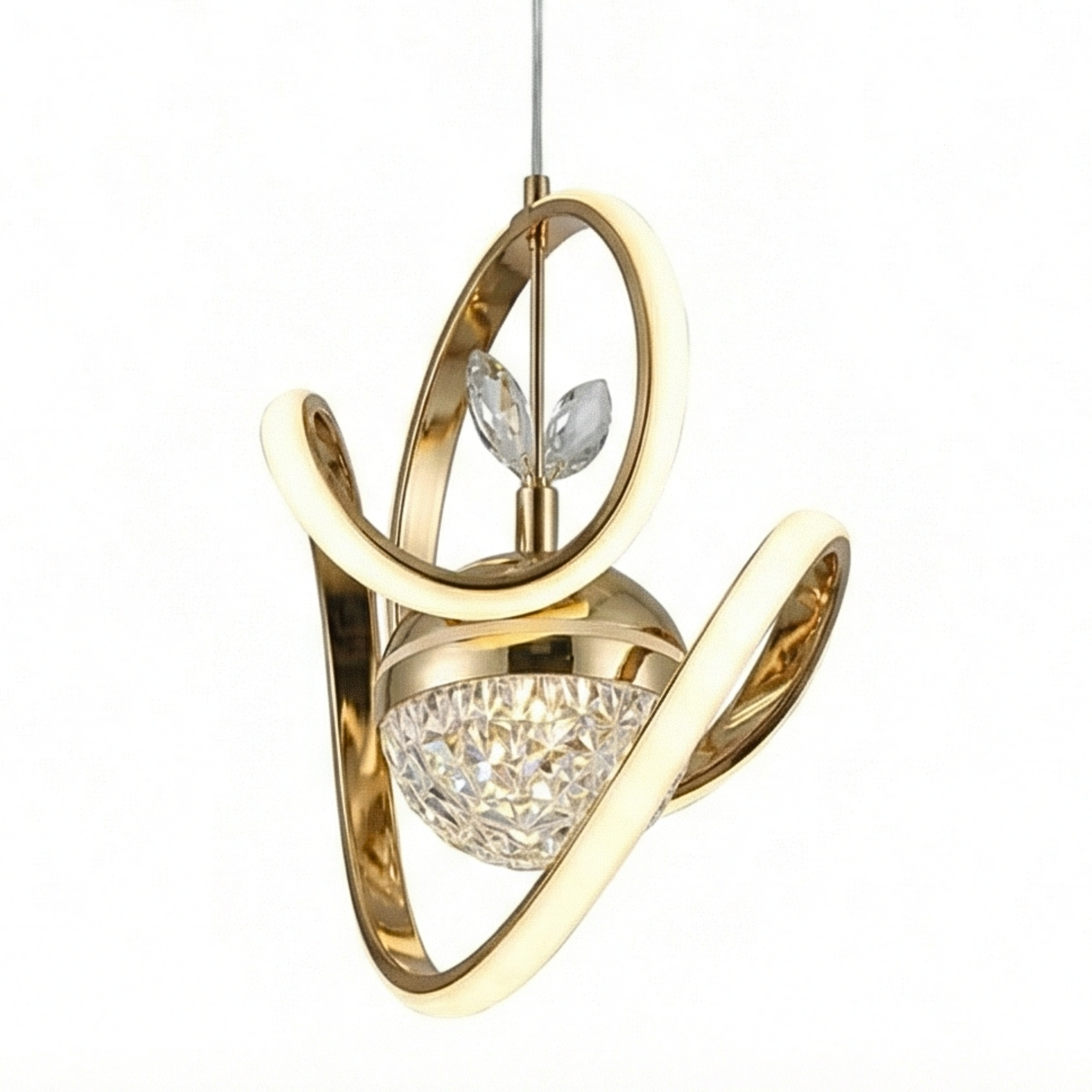 Suspension Design Dorée & Cristal – Lustre LED Lumière Chaude