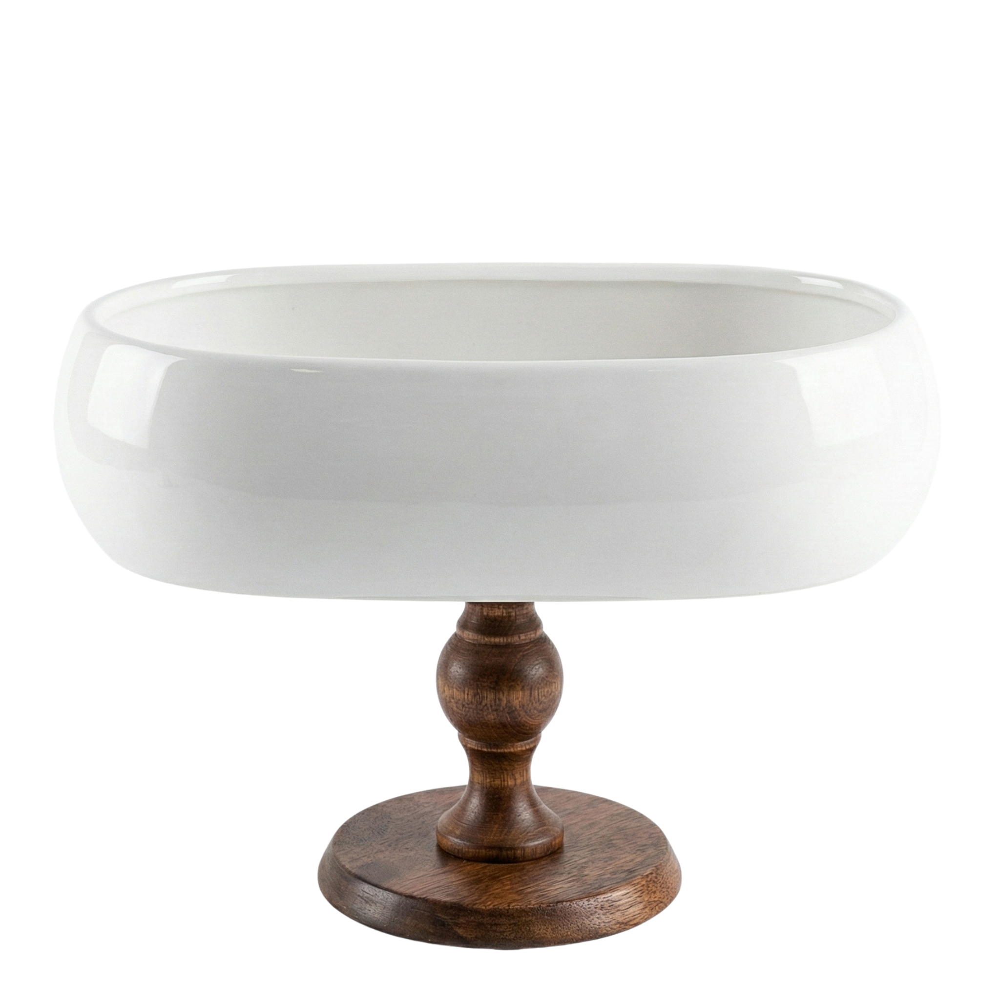 Coupe sur Pied Design – Présentoir Ovale Céramique Blanche & Bois