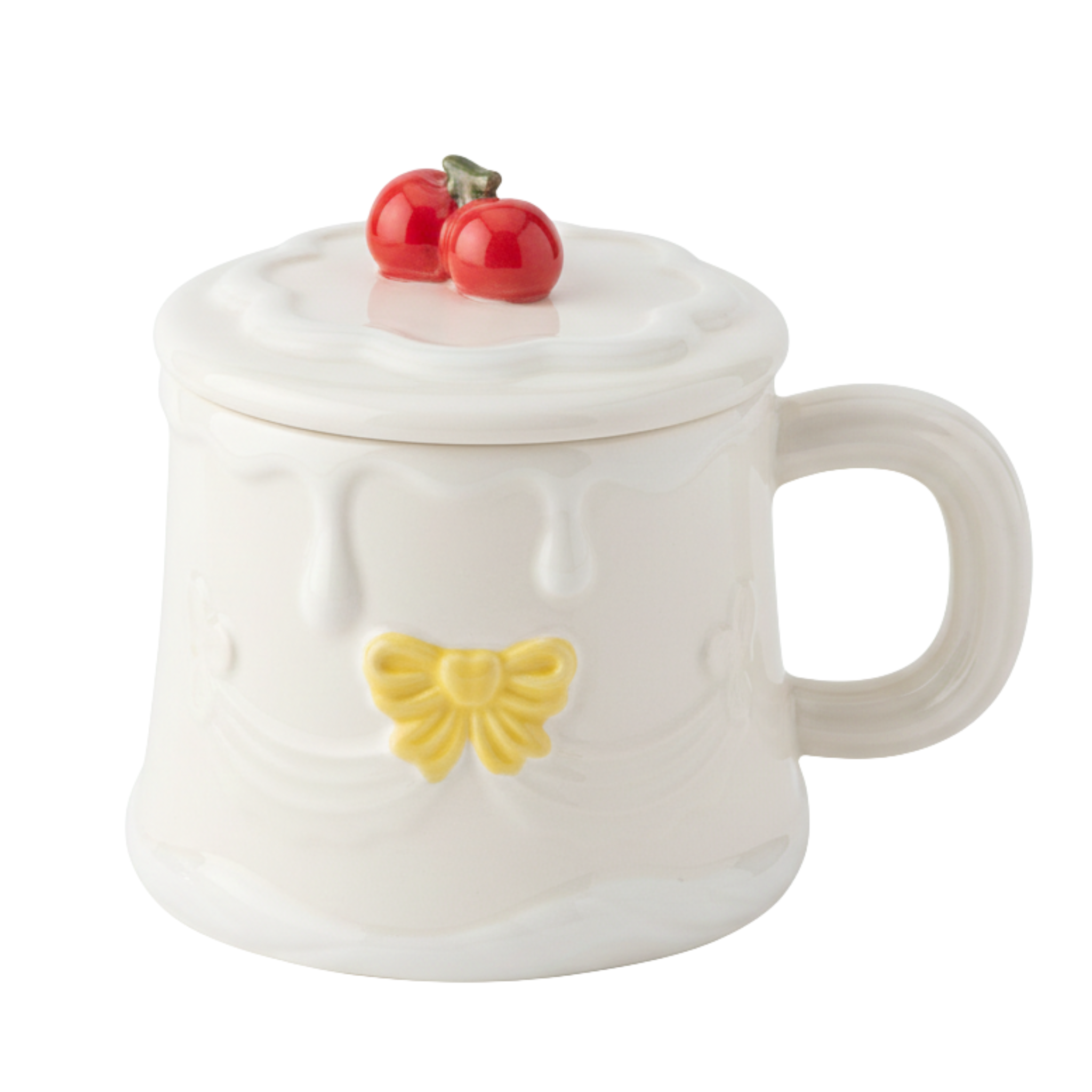 Mug Gâteau Blanc & Nœud Jaune avec Couvercle Cerise – Déco & Cadeau