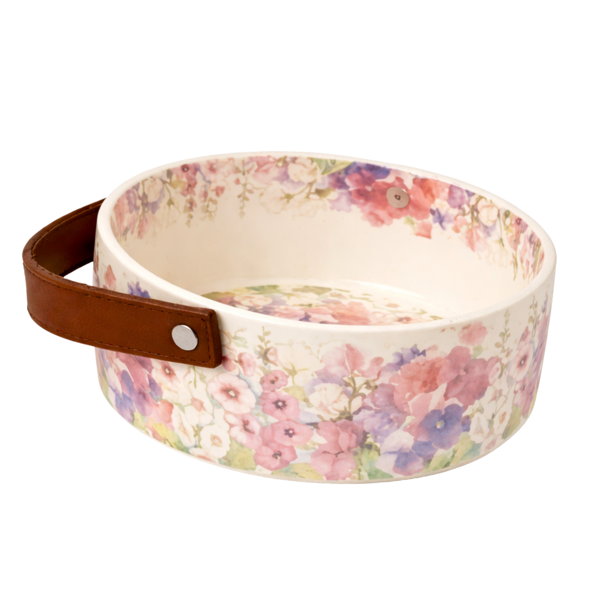 Corbeille à Fruits en Céramique Florale avec Anse Cuir - Élégance