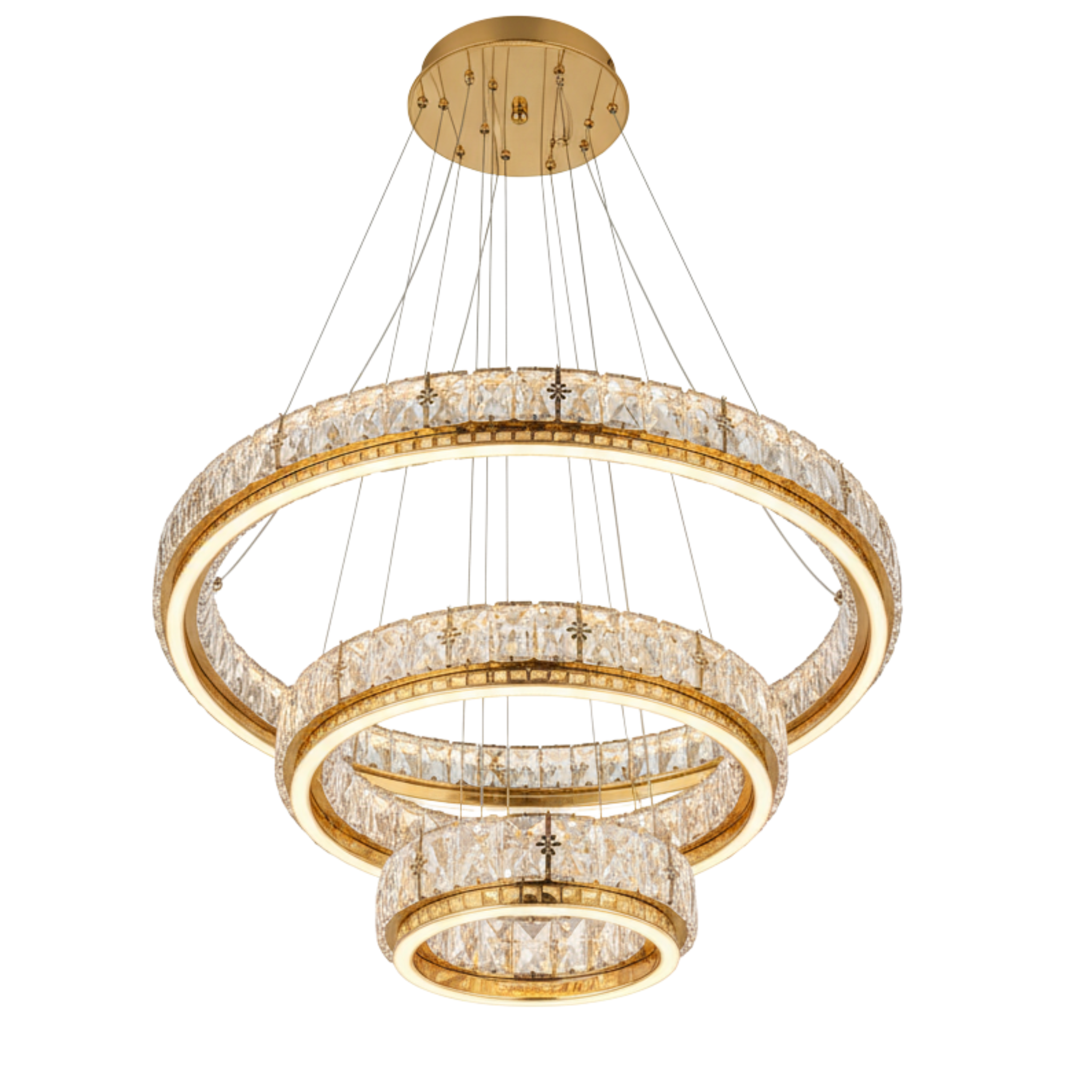 Lustre LED Cristal Doré – Triple Anneaux Prestige