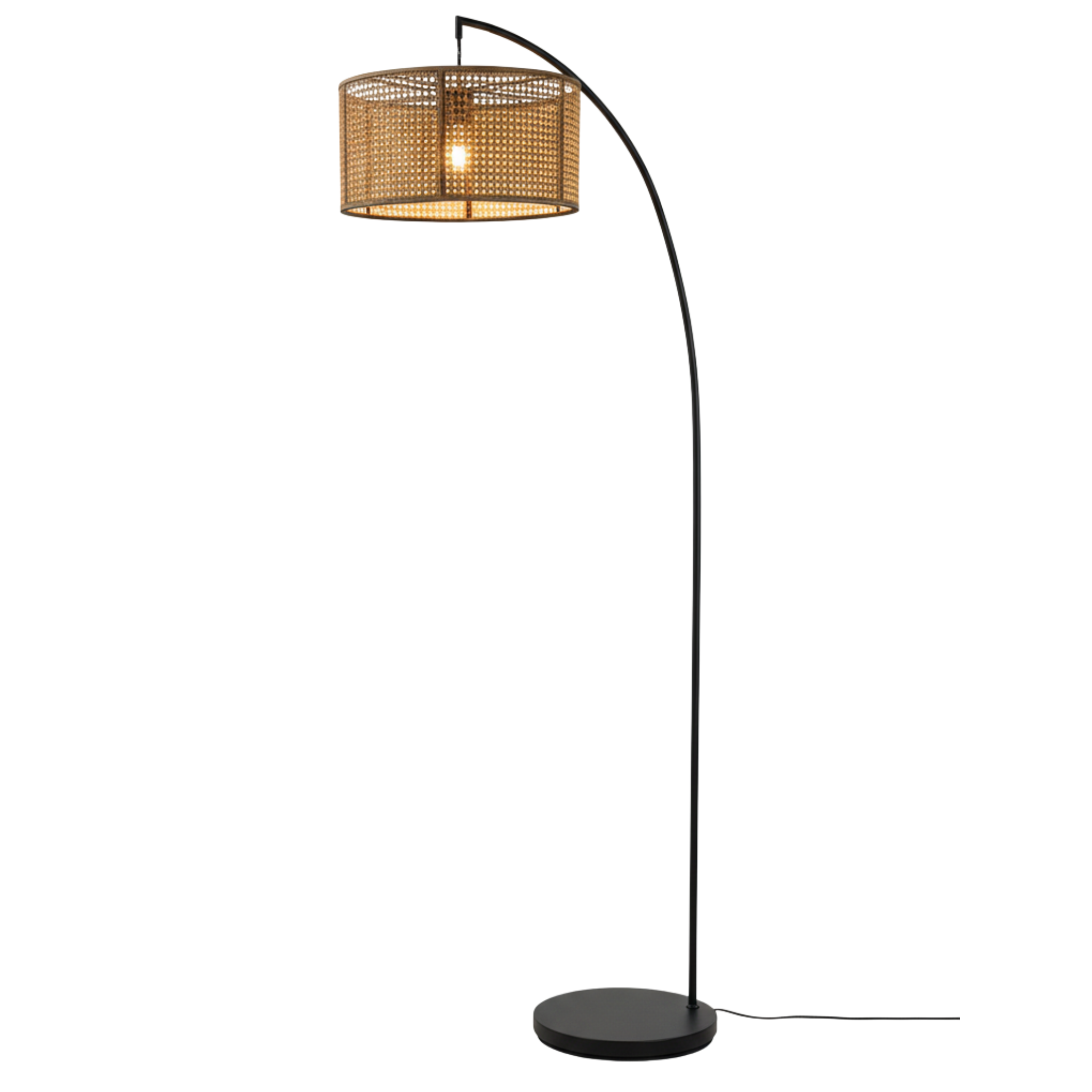 Lampadaire Rotin & Métal Noir – Design Arc Salon | Tunisie