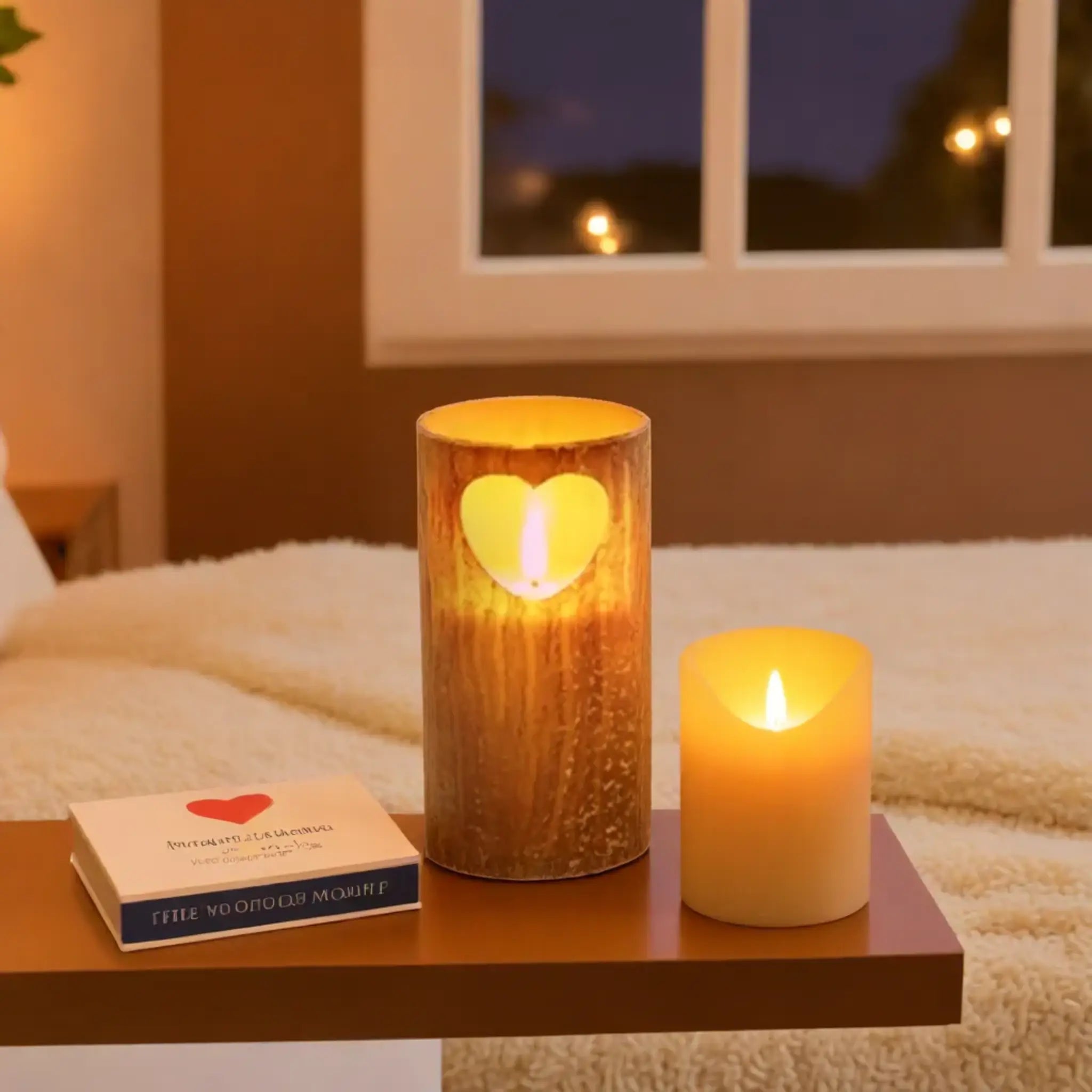 Bougie LED en bois avec motif cœur, posée sur une table de chevet dans une chambre, accompagnée d'une bougie et d'un livre pour une ambiance chaleureuse et romantique.