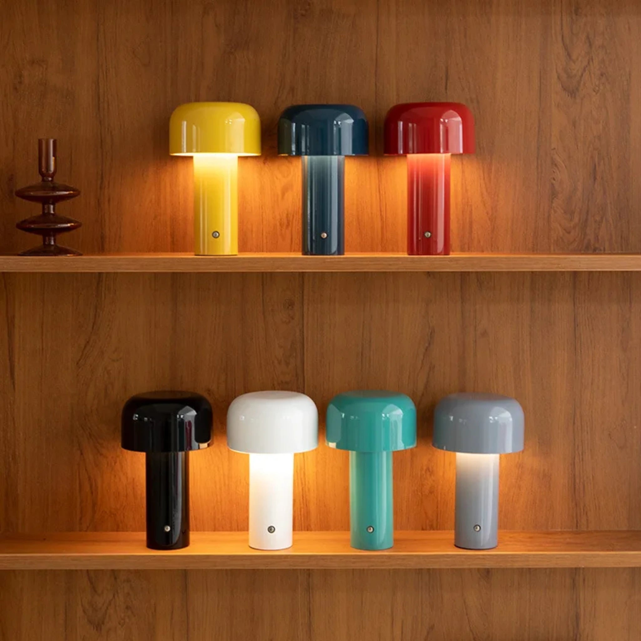 Collection complète de veilleuses LED au design champignon, en plusieurs couleurs, posées sur une étagère en Tunisie.
