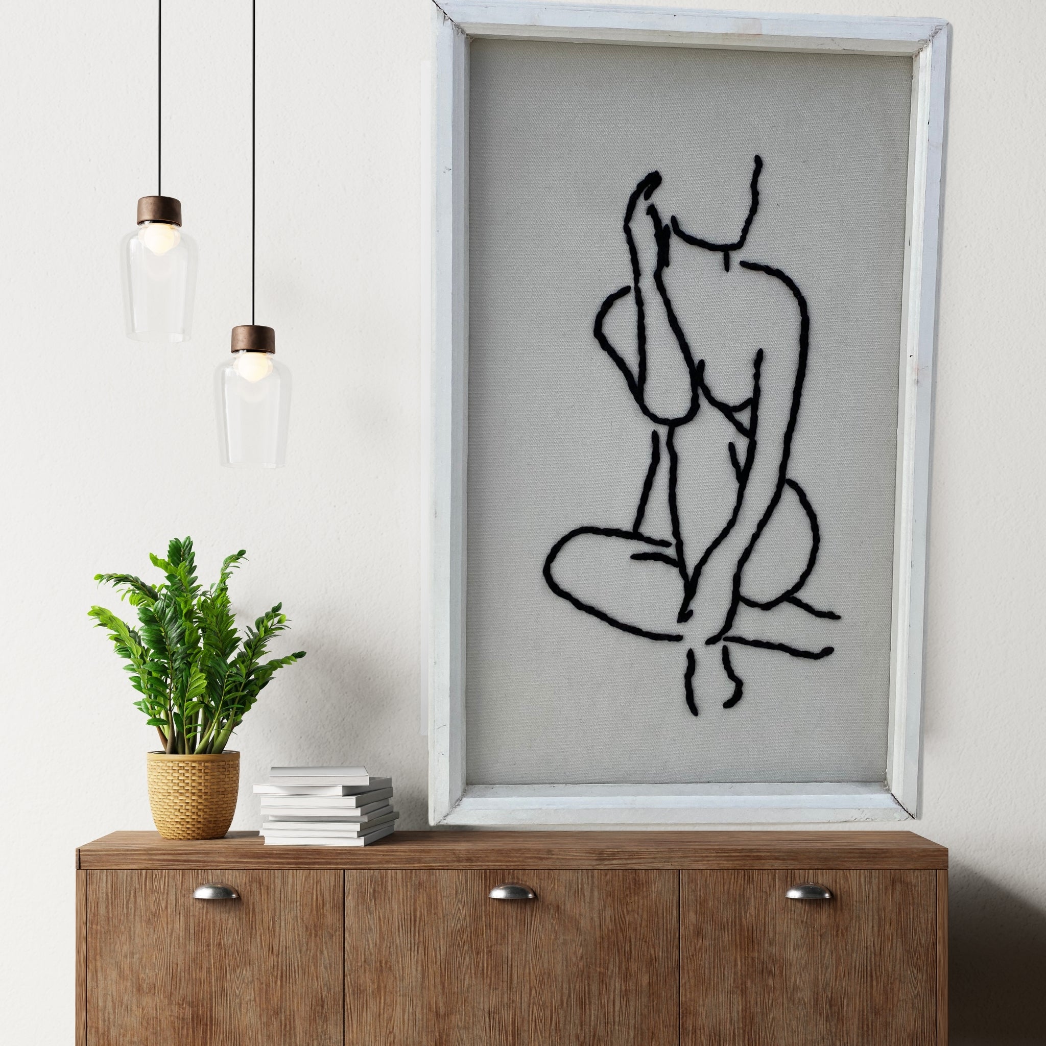 Decoration murale moderne avec silhouette en fil noir sur tissu coton