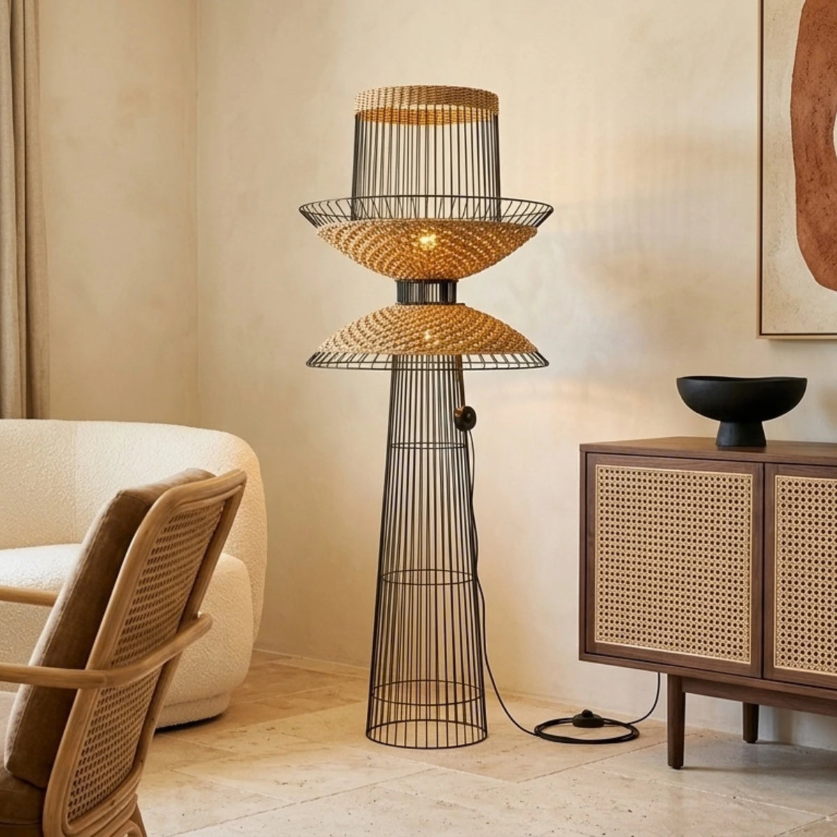 Lampadaire Rotin Tunisie | Fibre de Bananier & Métal Noir | Fiolla Home