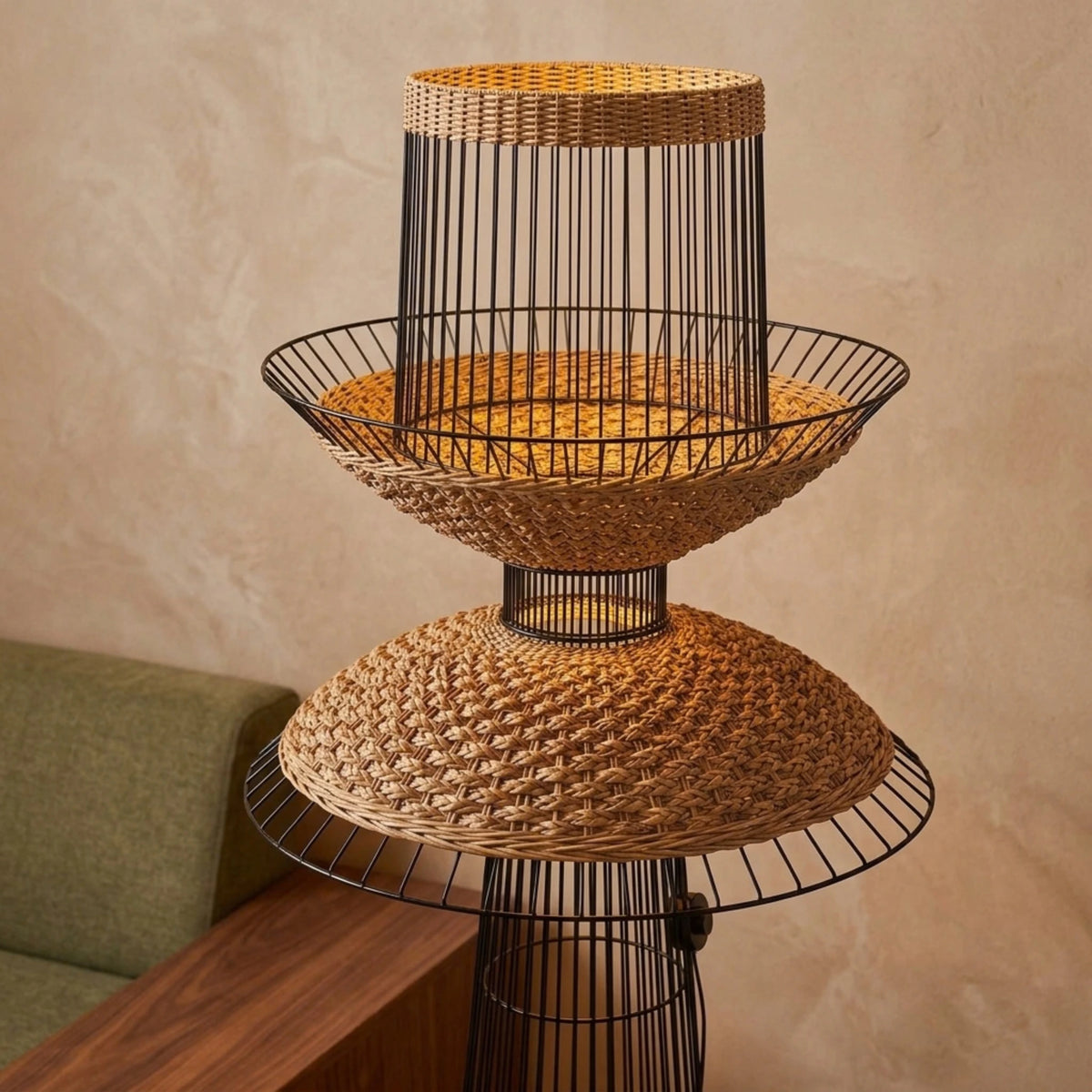 Lampadaire Rotin Tunisie | Fibre de Bananier & Métal Noir | Fiolla Home