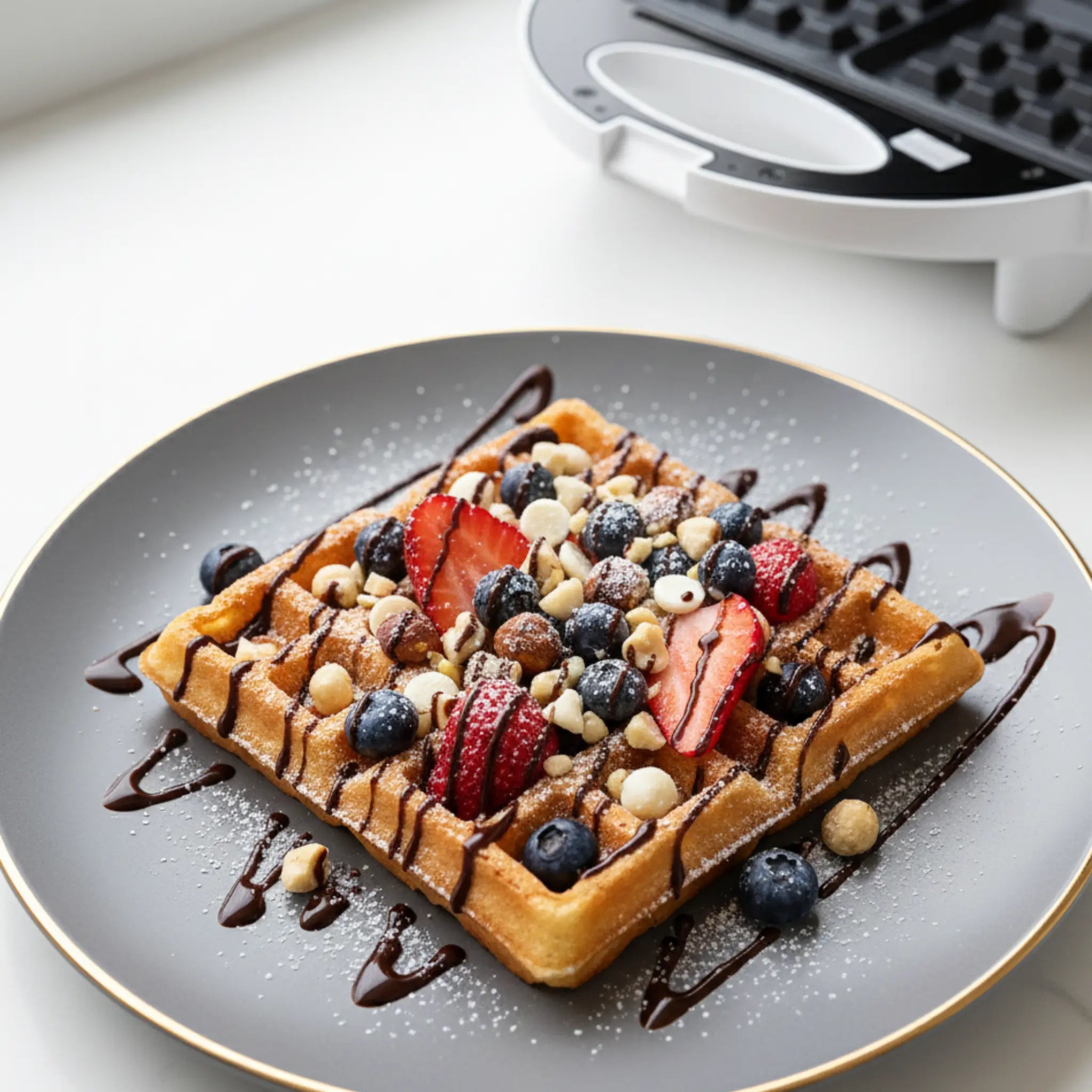 Gaufres dorées avec fraises et myrtilles, sucre glace et chocolat