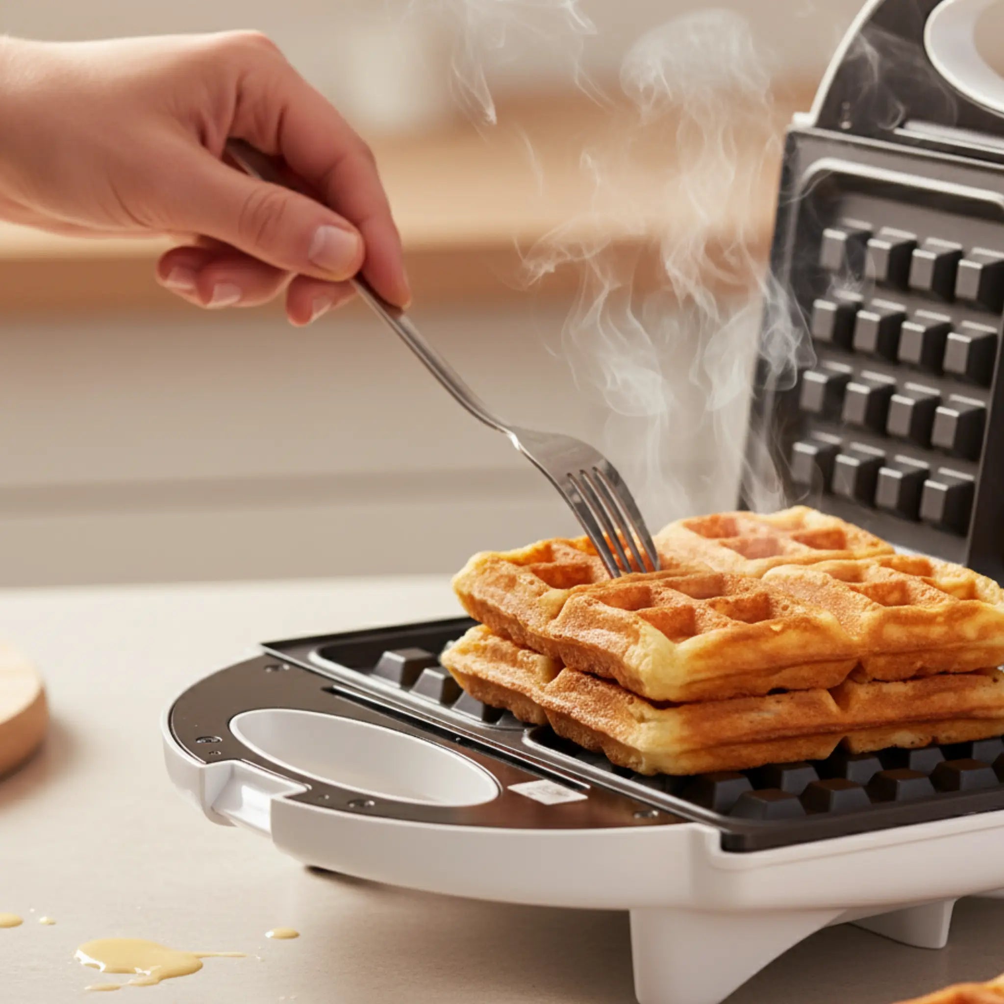 Main retirant des gaufres dorees et fumantes d un gaufrier electrique moderne en Tunisie.