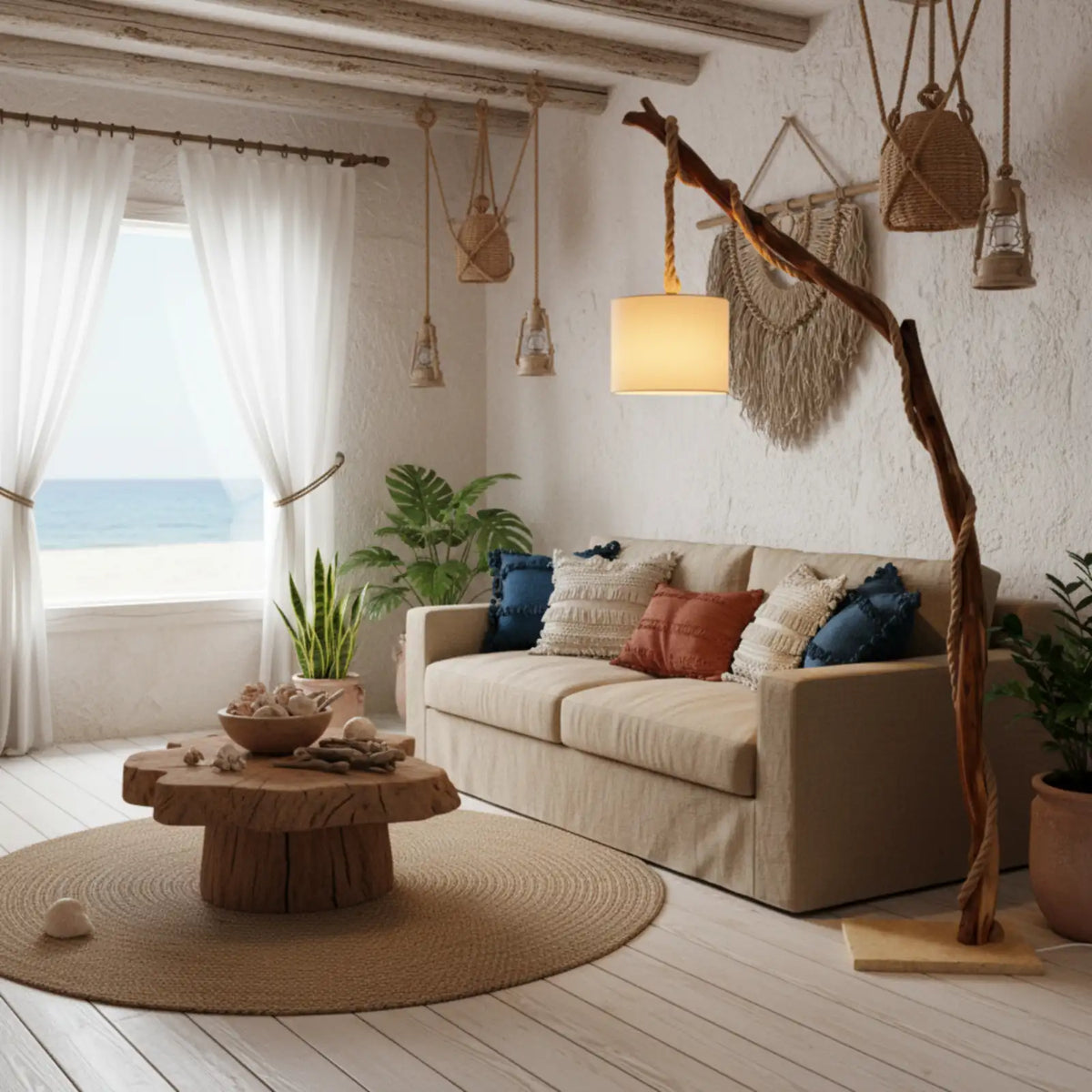 Lampadaire arc en bois naturel dans un salon bord de mer avec vue sur la plage, canapé beige et table basse en bois brut