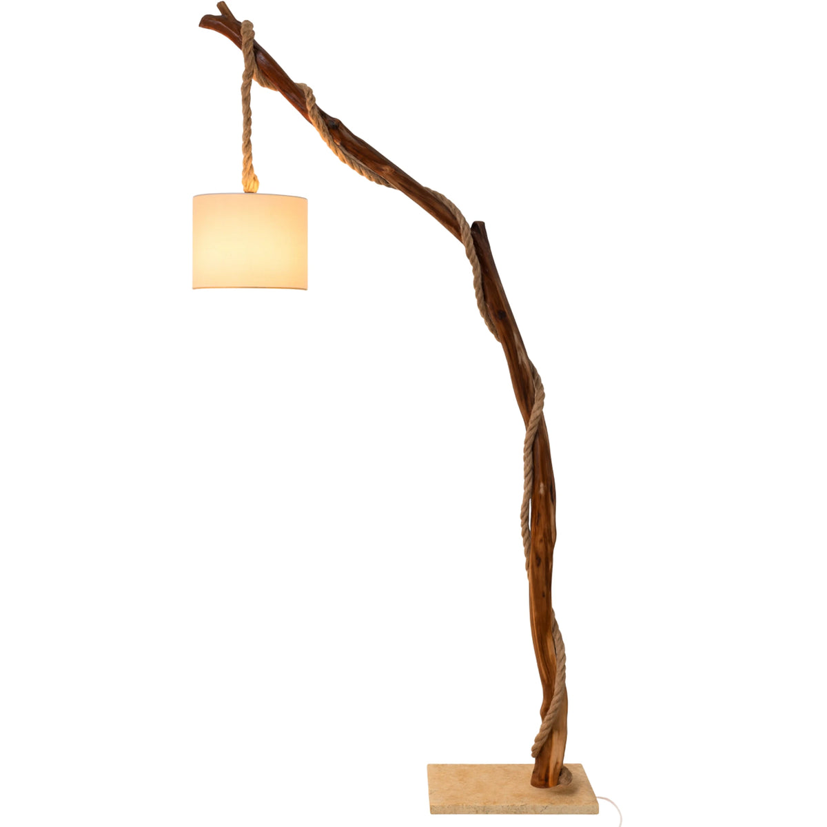 Lampadaire arc en tronc d'arbre naturel torsadé, abat-jour cylindrique en tissu crème suspendu à une corde, fond blanc