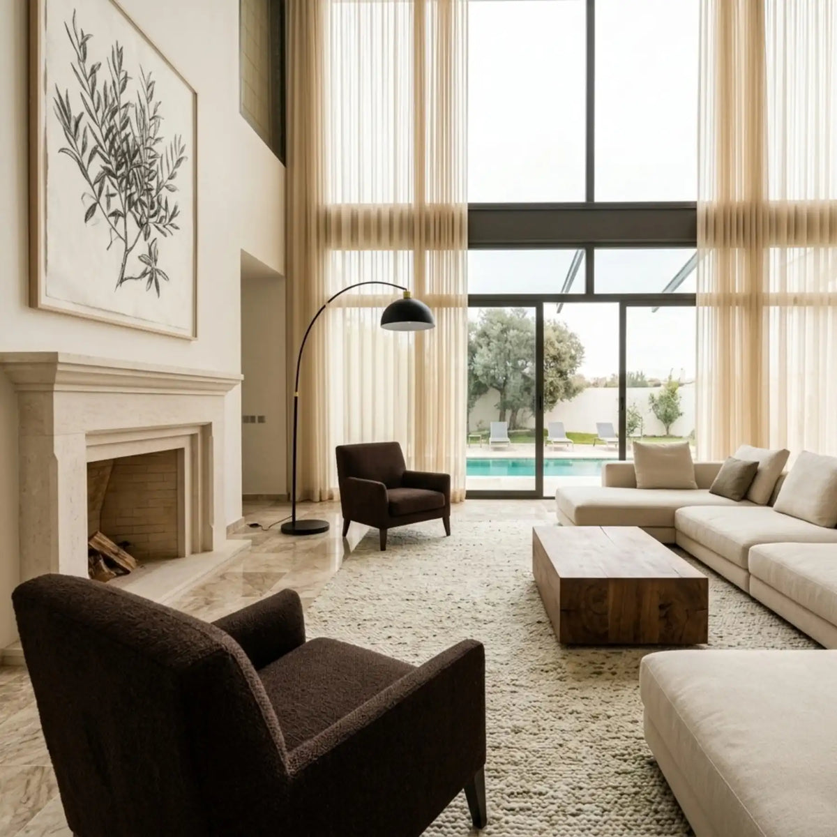 Lampadaire arc noir et doré près d'une cheminée en pierre et d'un fauteuil marron, salon ouvert sur la piscine