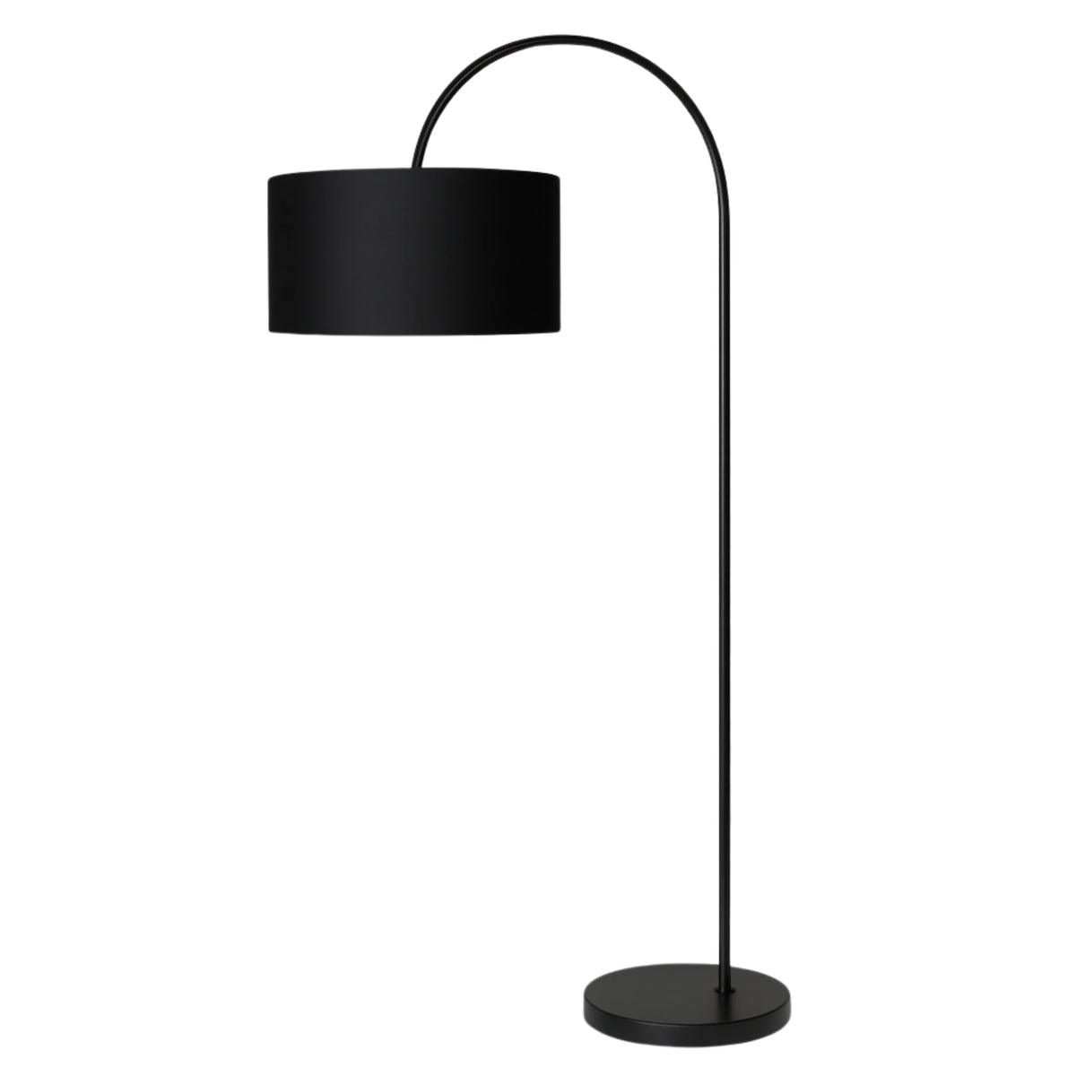 Lampadaire arc noir mat avec abat-jour tambour noir et base ronde, sur fond blanc