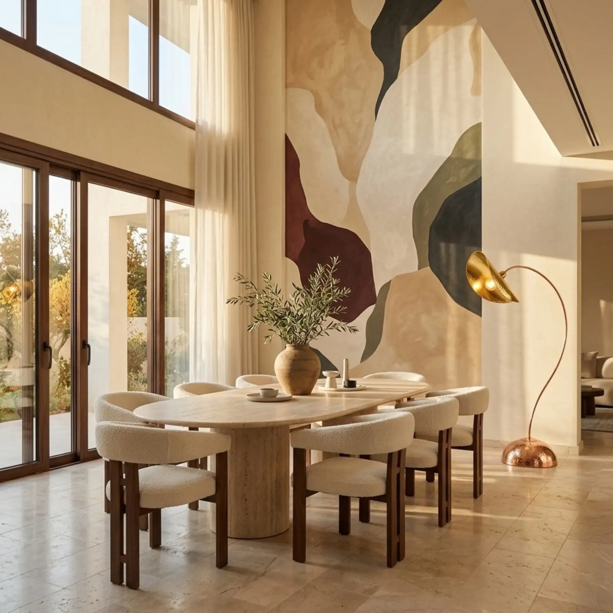 Lampadaire arc en cuivre dans une salle à manger lumineuse, table ovale et chaises crème