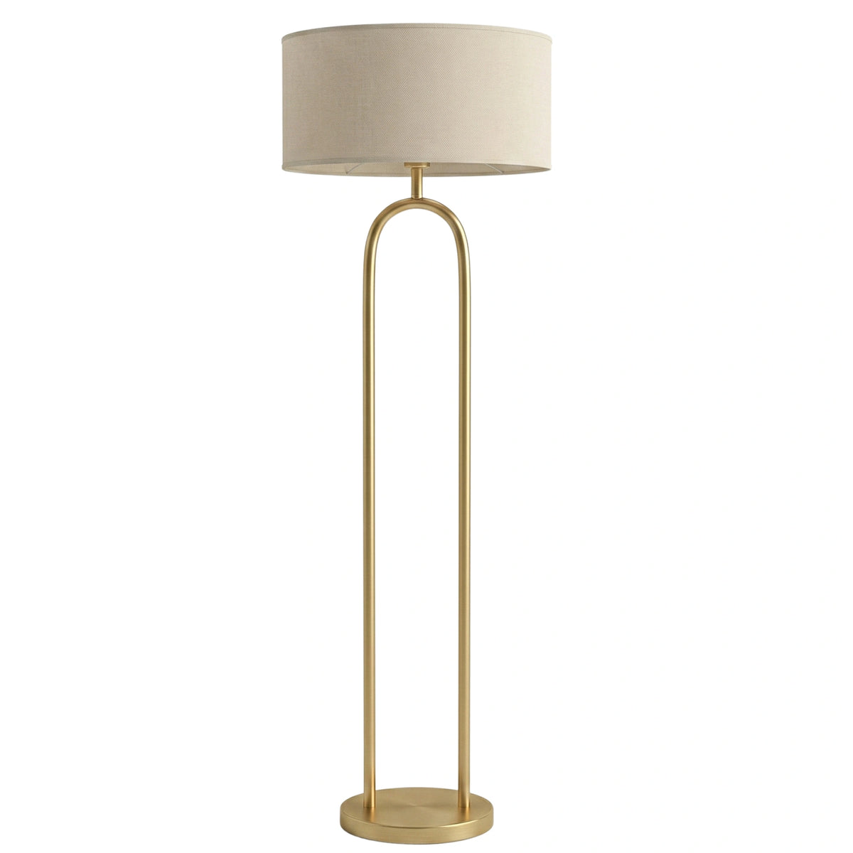 Lampadaire arceau doré avec abat-jour tambour beige et socle rond, sur fond blanc
