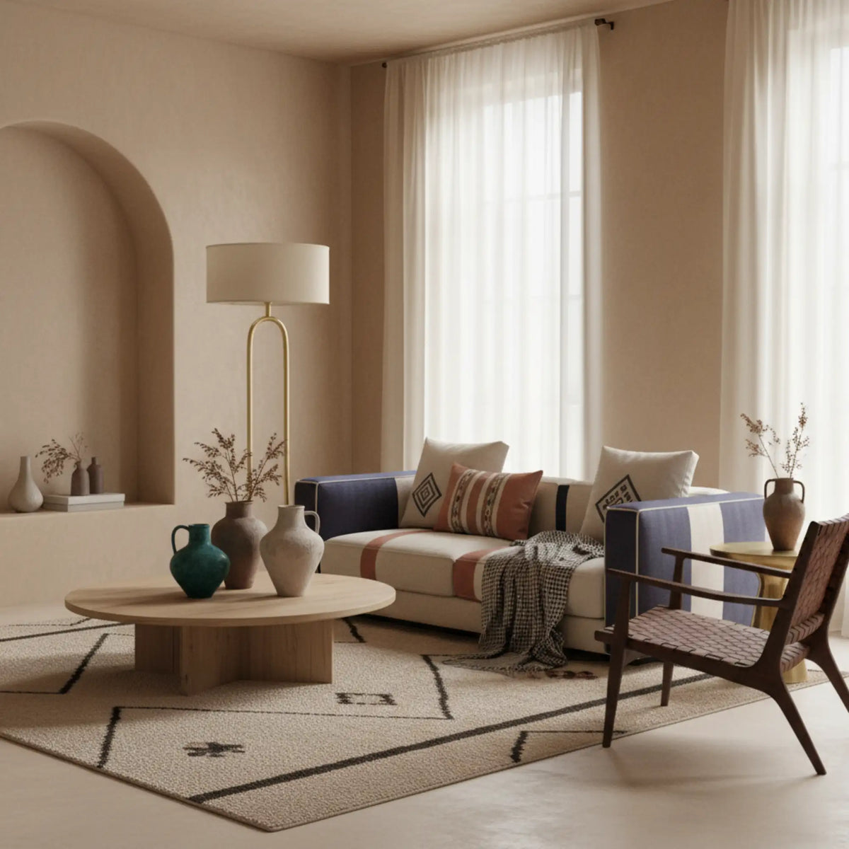 Lampadaire arceau doré dans un salon bohème beige avec canapé à coussins, tapis berbère et niche en arche