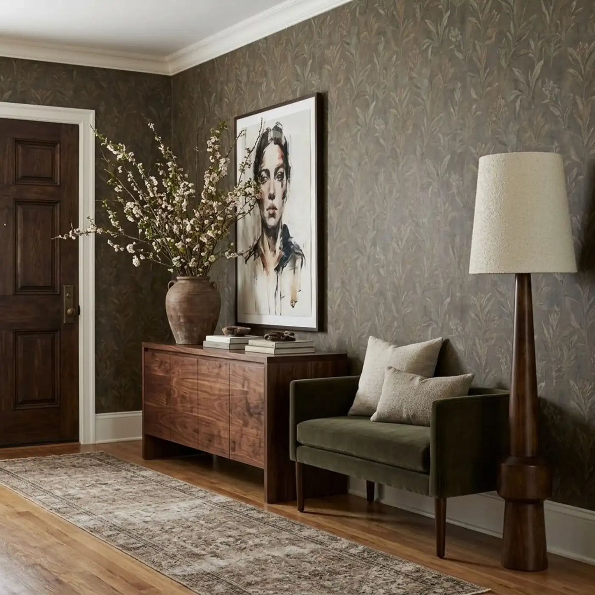 Lampadaire Atlas dans une entrée au papier peint sombre, près d'une banquette verte et d'une console en bois avec branches fleuries