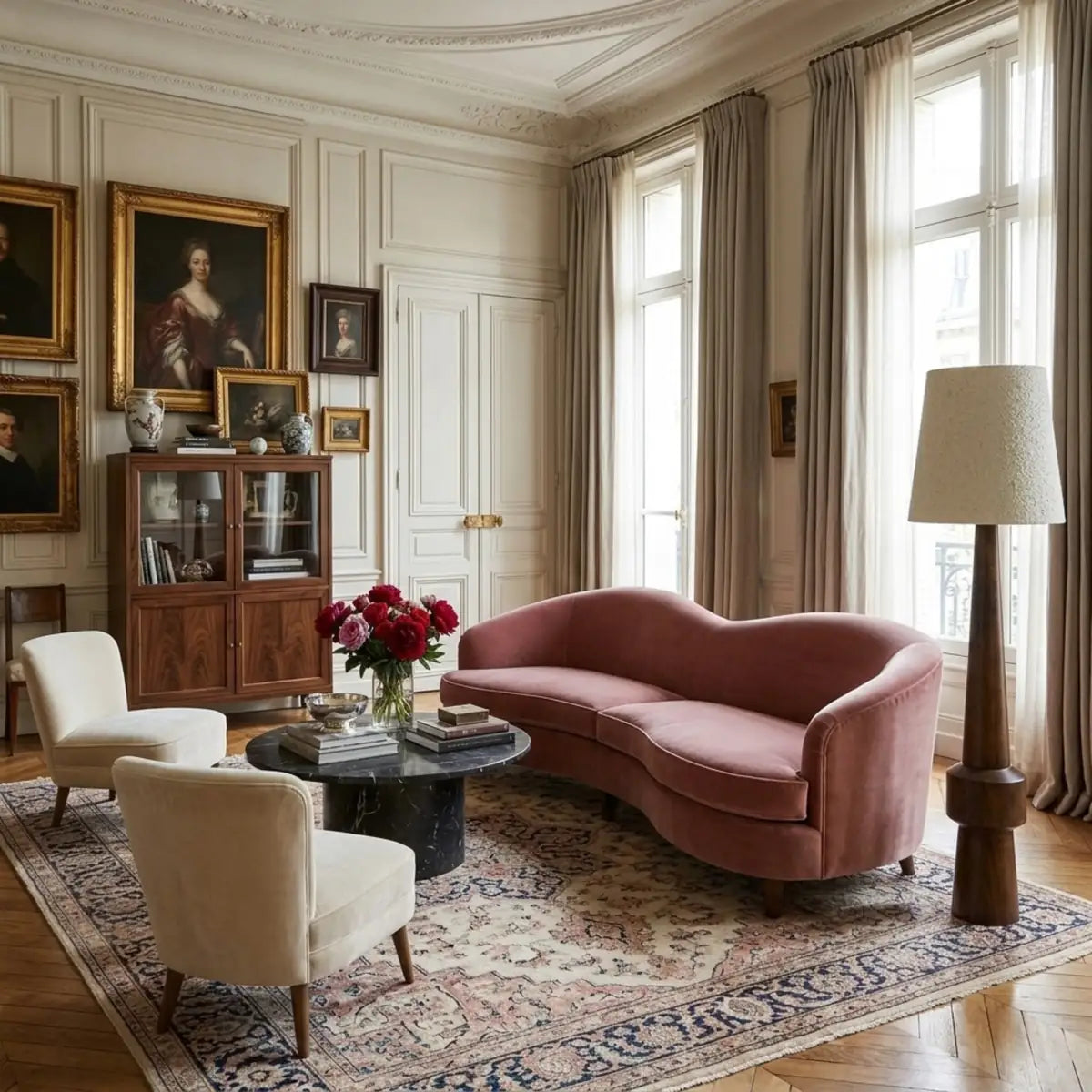 Lampadaire Atlas dans un salon classique aux moulures, canapé courbe vieux rose, fauteuils crème et tableaux anciens