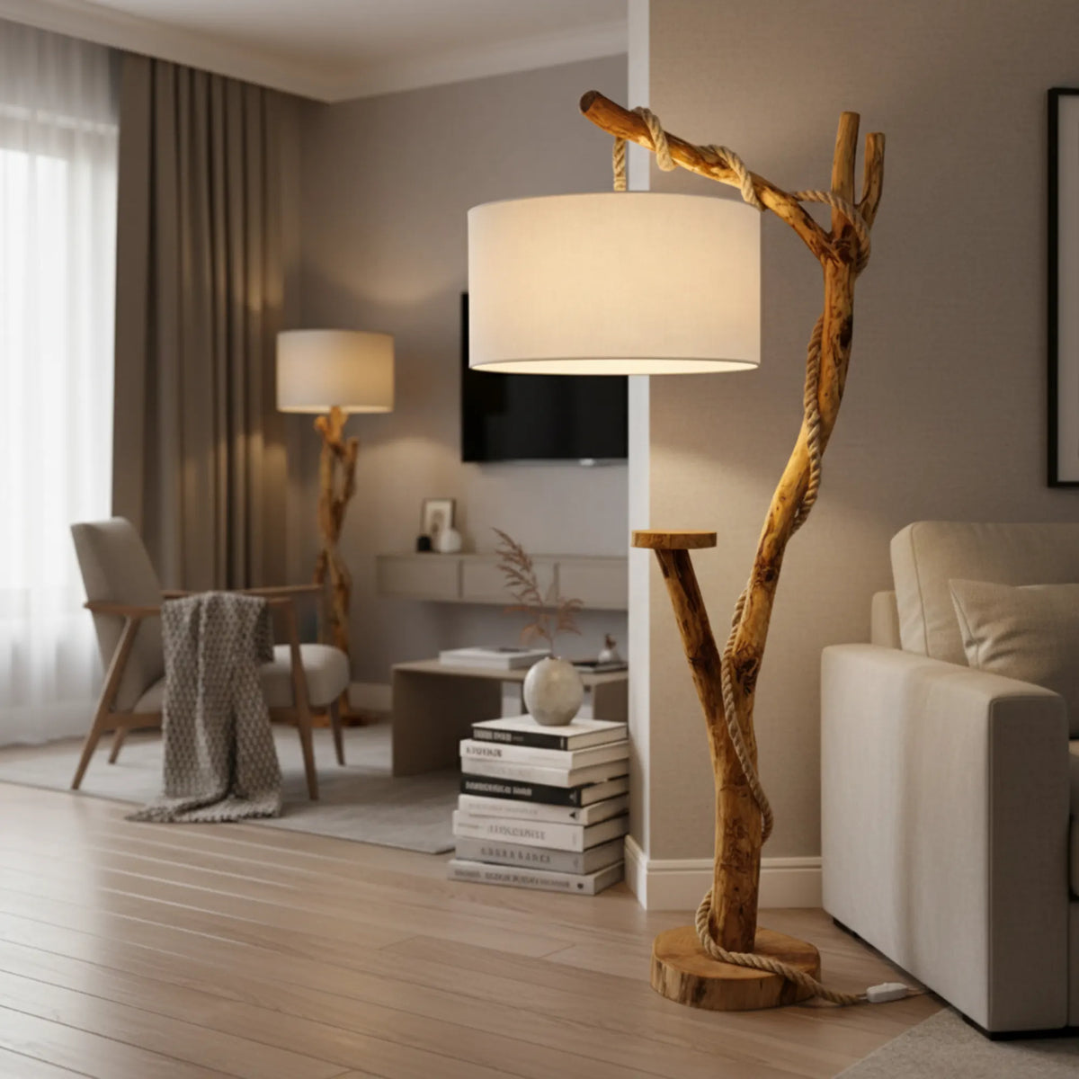 Lampadaire en bois avec tablette intégrée dans un salon clair, à côté d'un canapé beige et d'une pile de livres