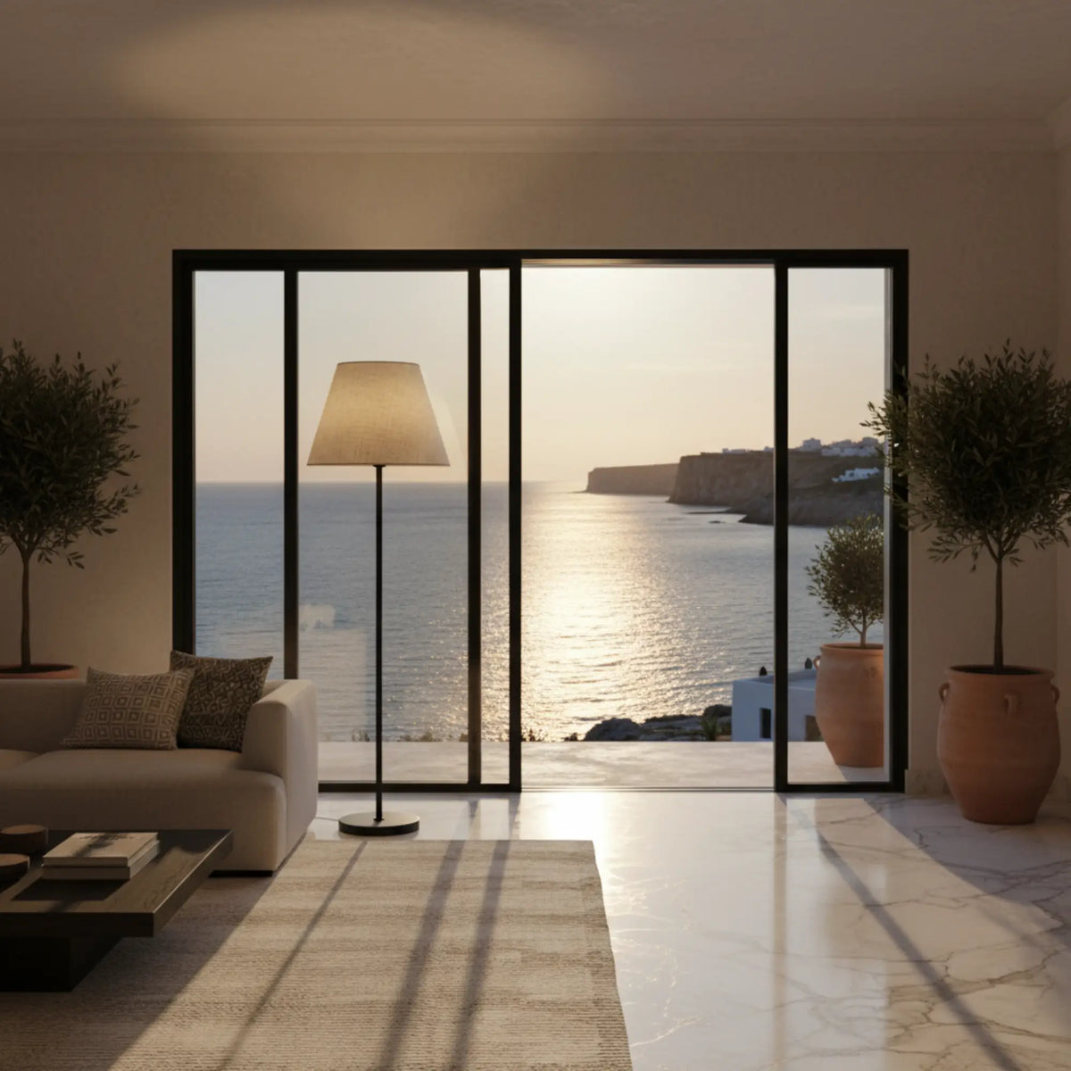 Lampadaire allumé devant une baie vitrée ouverte sur la mer au coucher du soleil, entre oliviers en pot et canapé clair