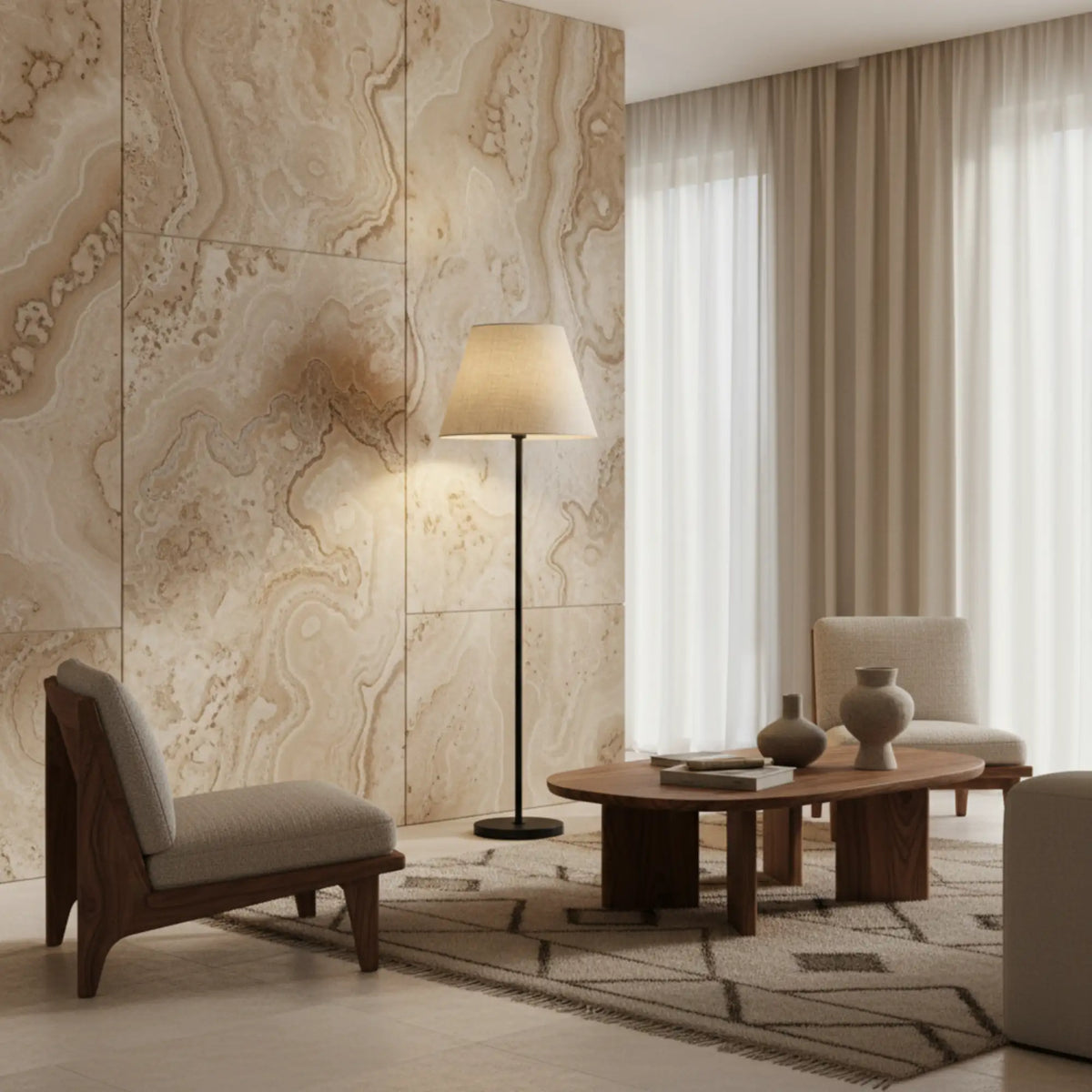 Lampadaire minimaliste allumé devant un mur effet marbre, avec table basse ronde en bois et fauteuil bas