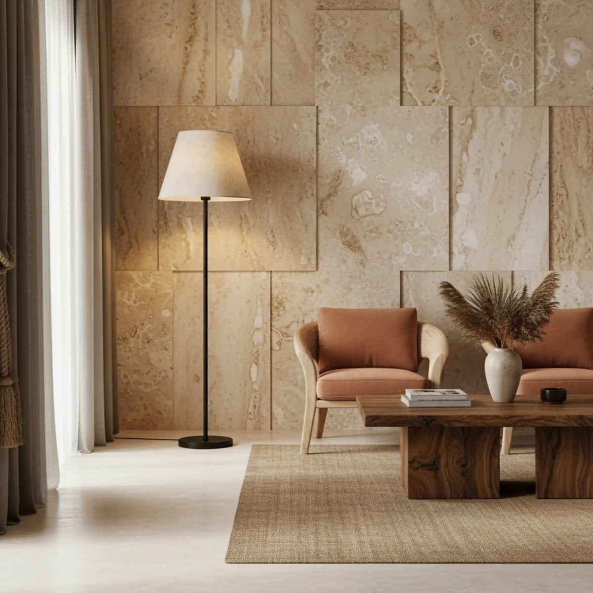 Lampadaire pied noir et abat-jour beige devant un mur en pierre beige, fauteuils terracotta et table basse en bois brut