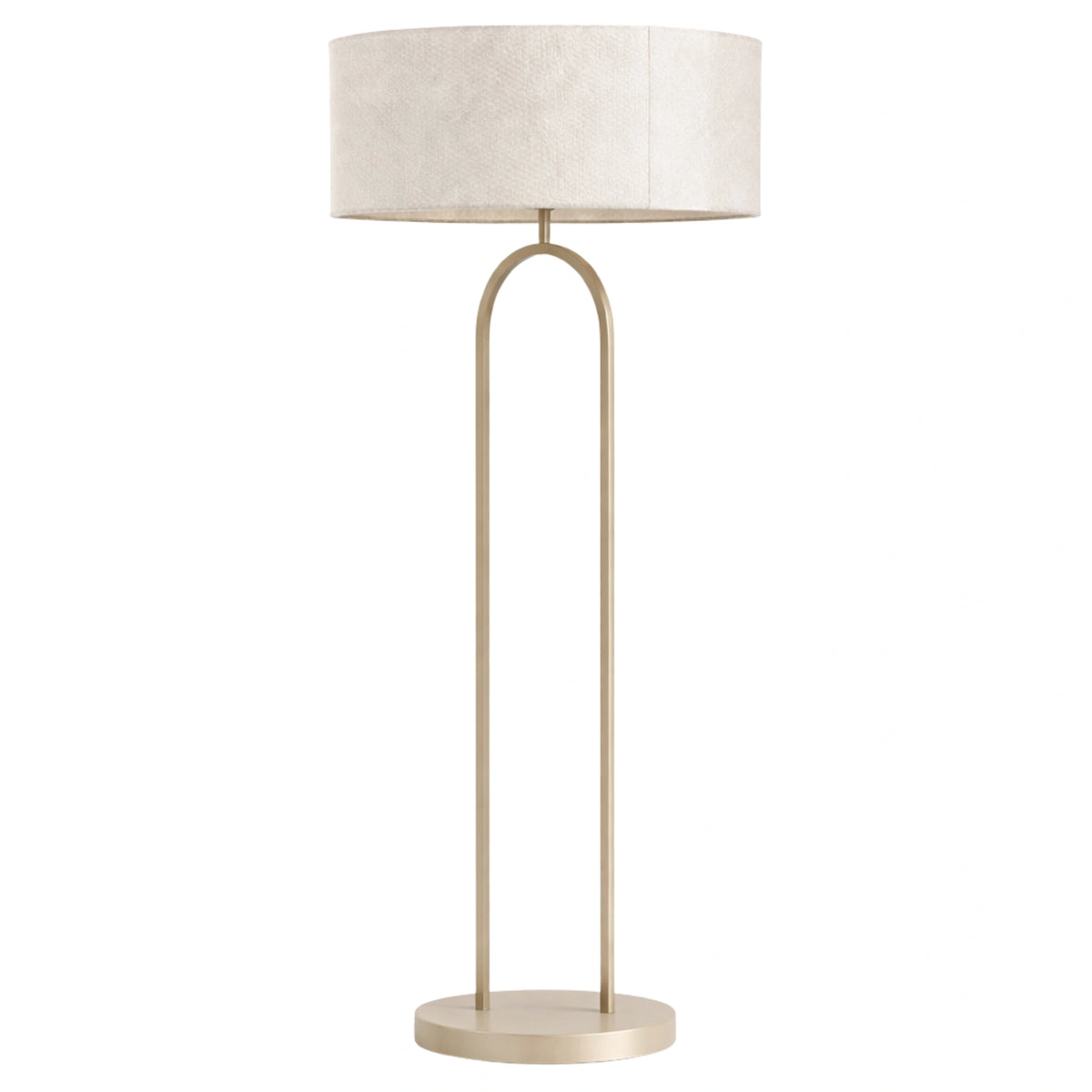 Lampadaire à abat-jour tambour en bouclette blanche et pied grège en arceau, sur fond blanc
