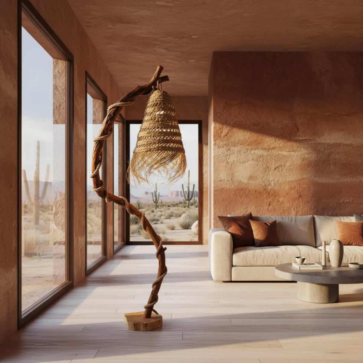 Lampadaire en bois flotté dans un salon aux murs terracotta, avec baies vitrées sur un paysage désertique
