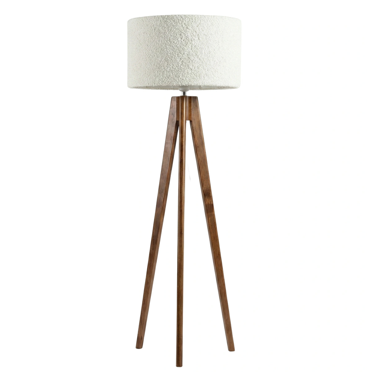 Lampadaire trépied en bois foncé avec abat-jour tambour en tissu bouclé crème, sur fond blanc