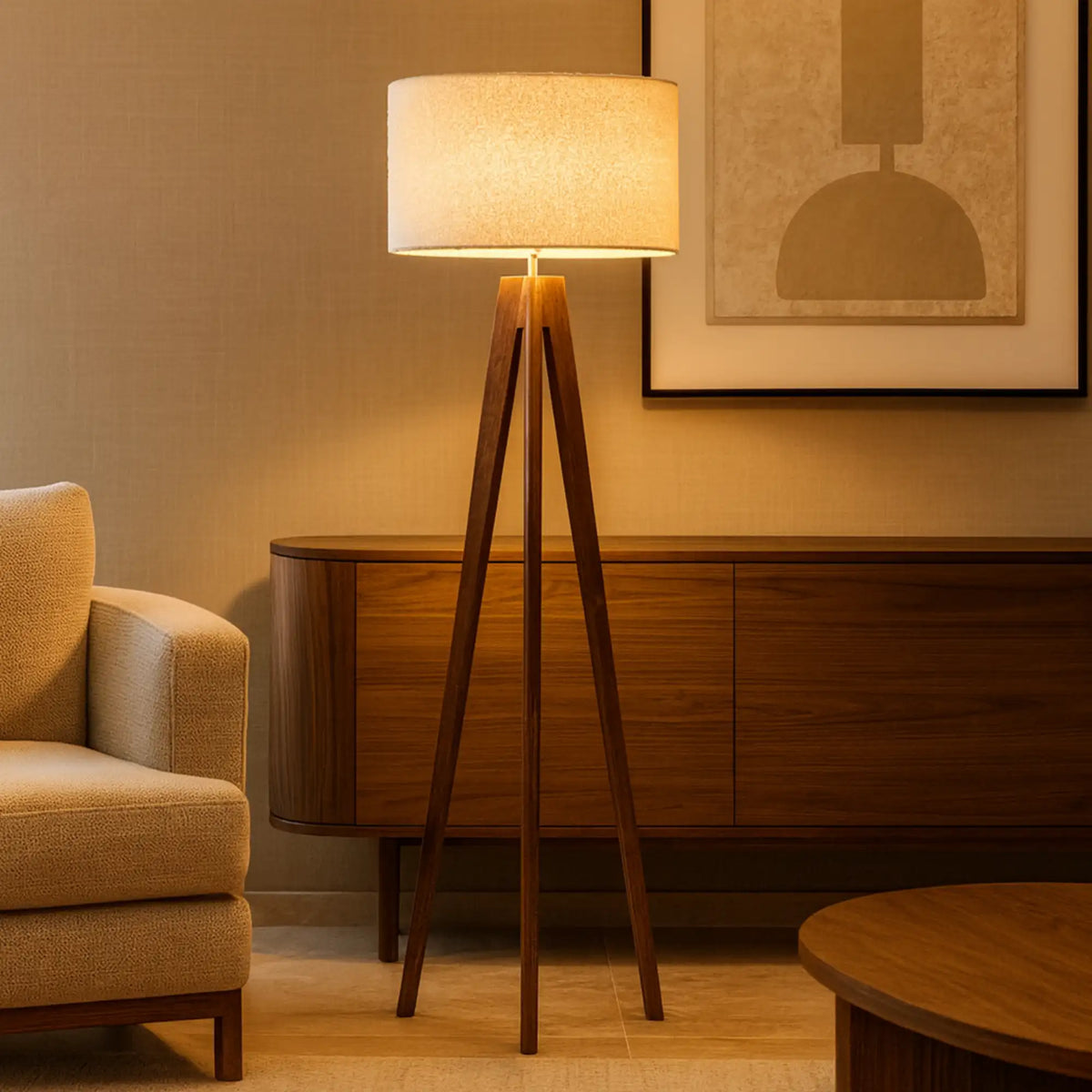 Lampadaire trépied en bois foncé allumé devant un buffet en bois, à côté d'un fauteuil beige