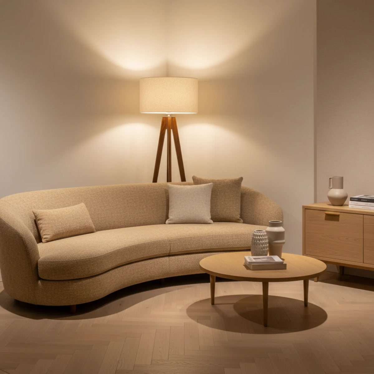 Lampadaire en bois foncé allumé derrière un canapé courbe beige et une table basse ronde en bois