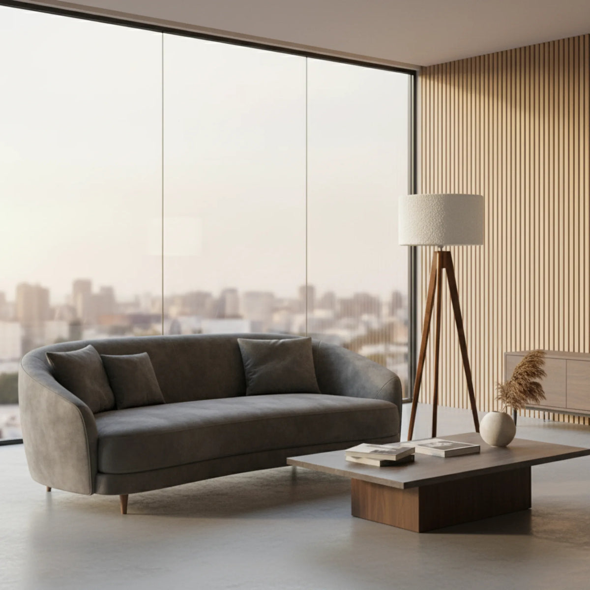Lampadaire trépied bois foncé et abat-jour crème dans un salon moderne avec canapé gris et baie vitrée sur la ville